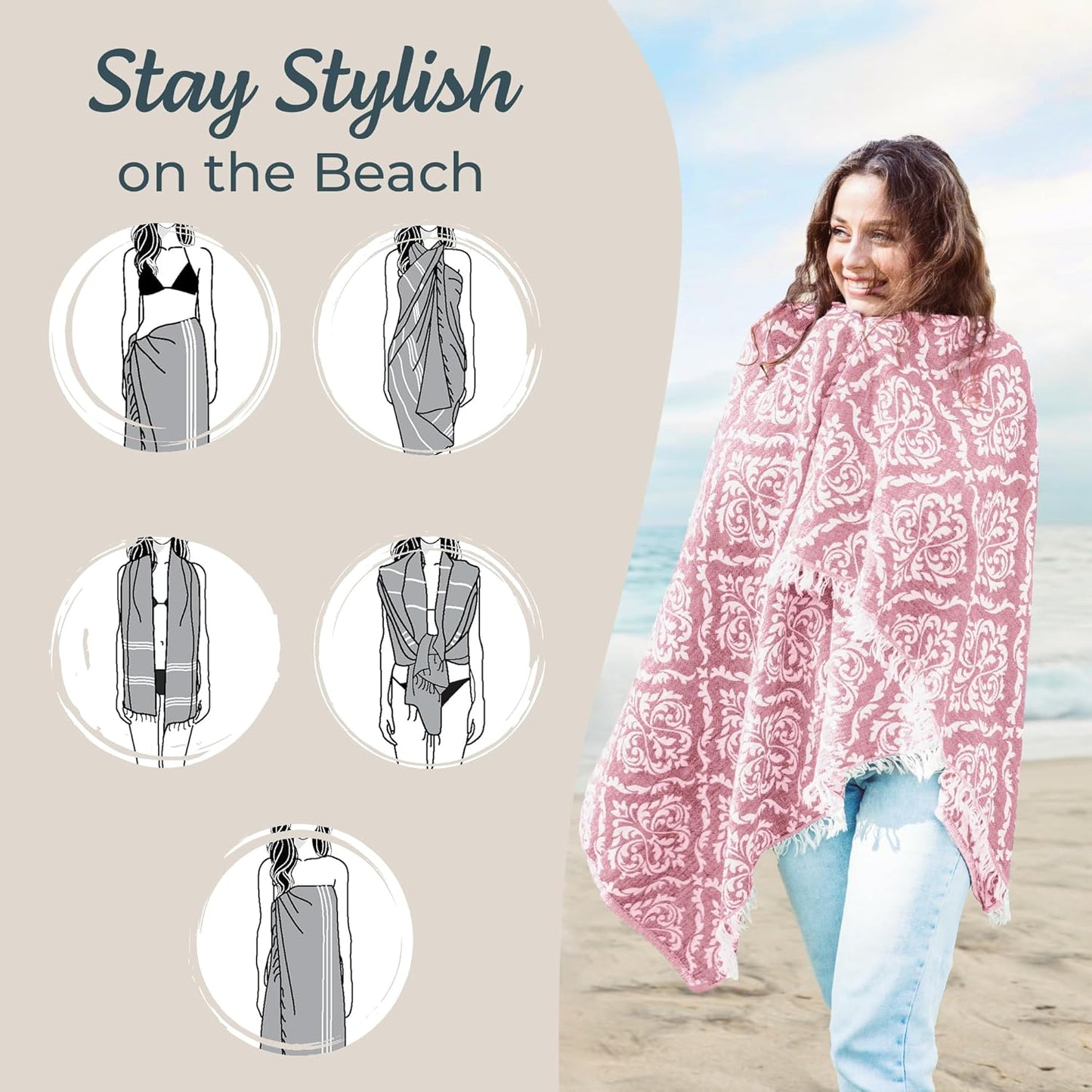 Turkish Beach Towel (35”x67”) – 100% Cotton, Quick Dry, Lightweight, Soft Oversized Beach Towel for Travel & Pool – Renaissance Fuchsia Color