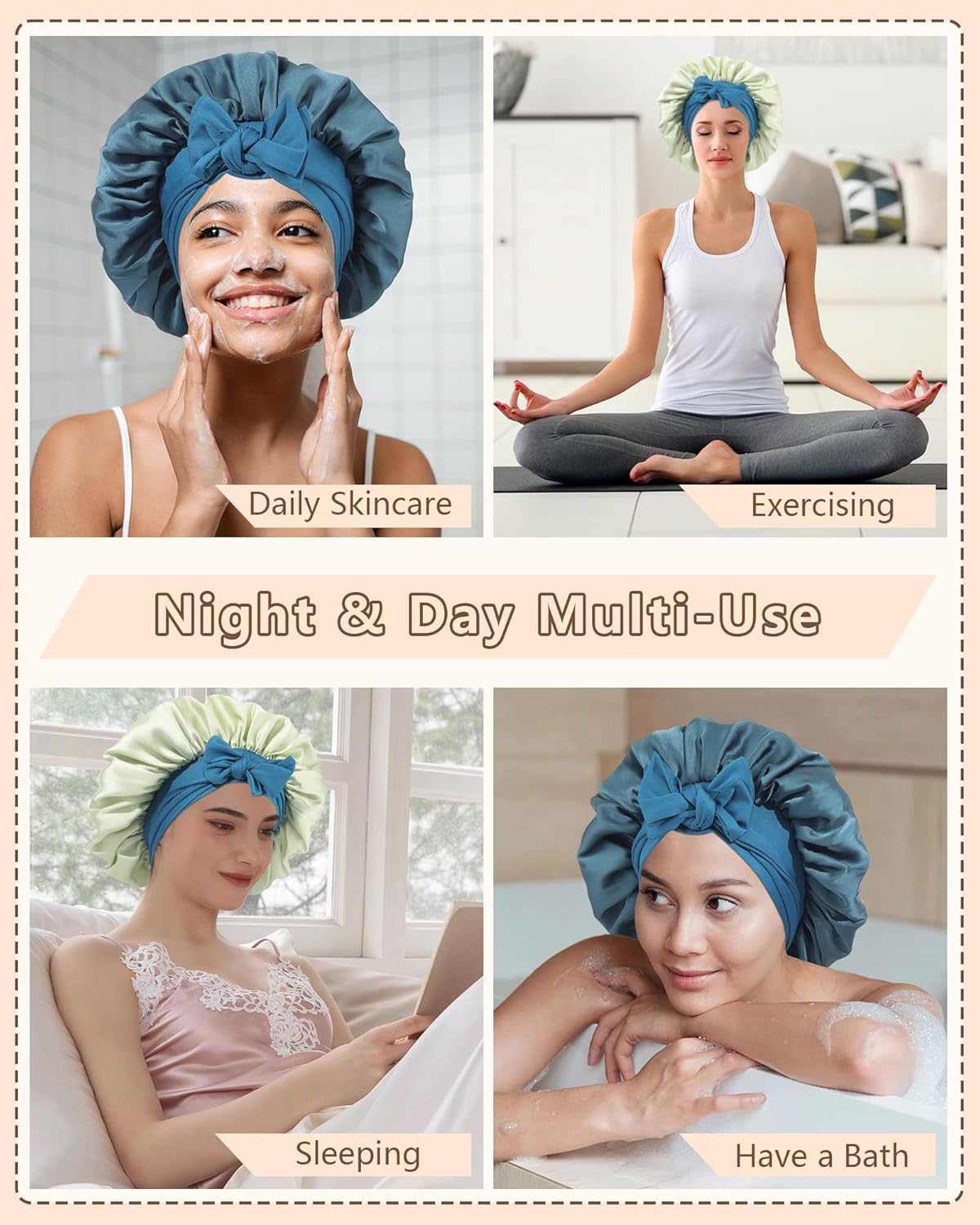 AWAYTR Women Satin Bonnet for Sleeping - Double Layer Silk Hair Bonnet with Elastic Tie Band for Braids Curly Hair