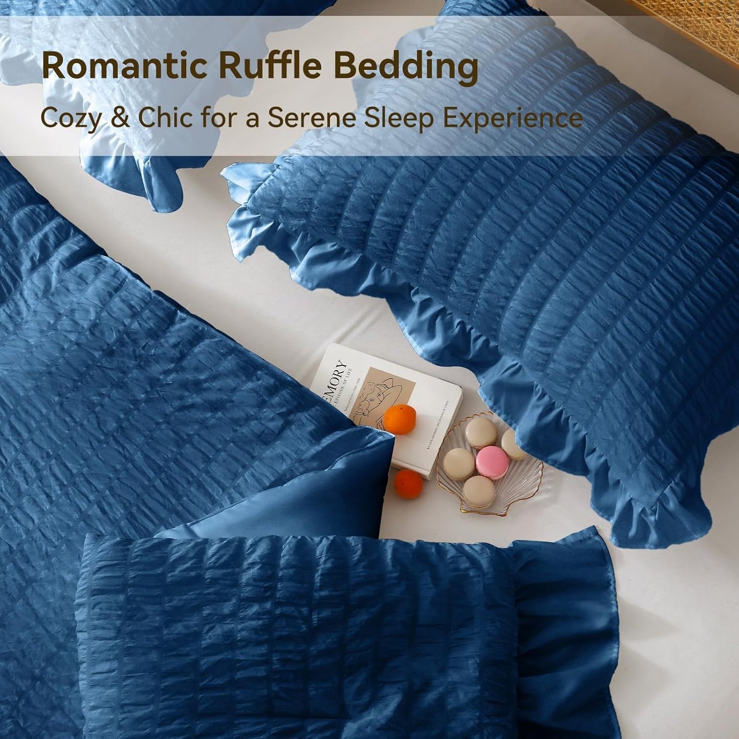 JOLLYVOGUE Teal King Comforter Set, 3 Pieces Seersucker Comforters King Size, Lightweight & Fluffy Bedding Sets King for All Season with 1 Ruffle Comforter and 2 Ruffle Pillowshams