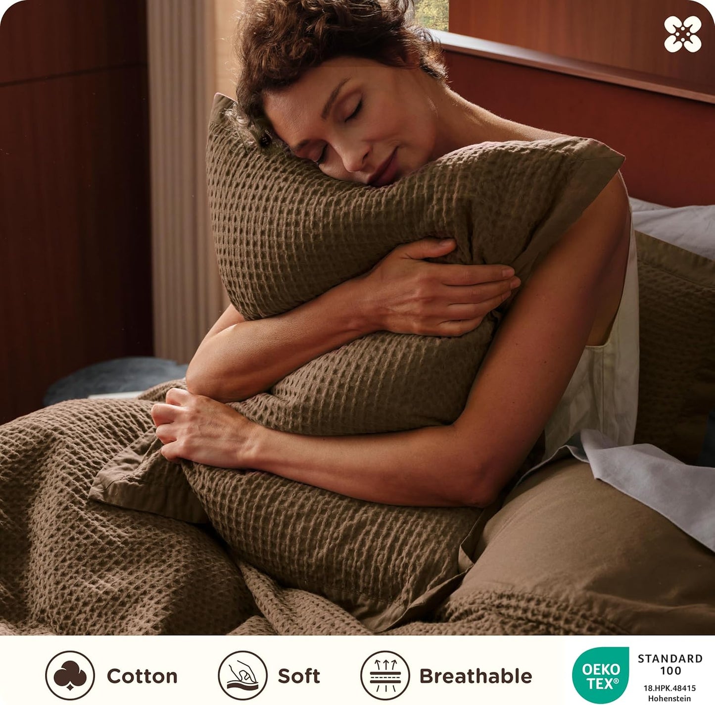 Bedsure Cotton Duvet Cover King - 100% Cotton Waffle Weave Brown Duvet Cover King Size, GentleSoft™ and Breathable Bedding Set for All Season, 3 Pieces, 104"x90"