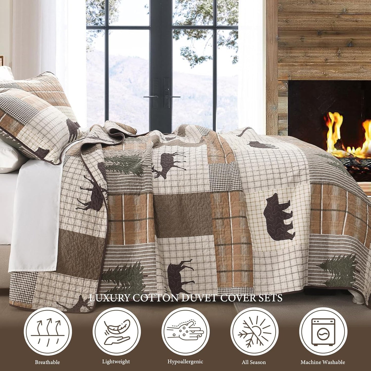 Uniclinens 100% Cotton Quilts King Size - Farmhouse Cabin Lodge Bear Deer Tree King Quilt Set, Soft Patchwork Plaid Bedspread Lightweight Quilted Comforter with 2 Pillow Shams, Green/Brown/Cream