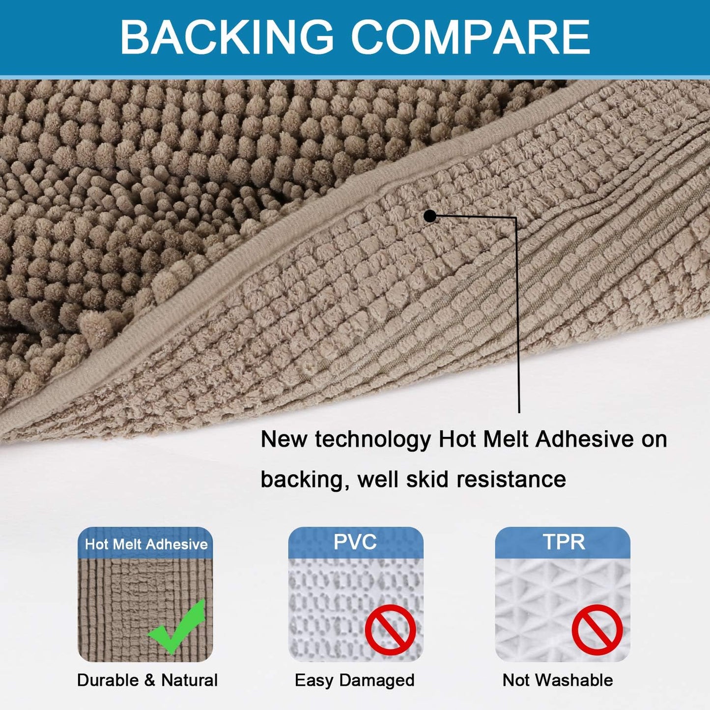 H.VERSAILTEX Bath Rugs for Bathroom Non Slip Bath Mats Extra Thick Chenille Striped Bath Rug Runners 47" x 17" Absorbent Fluffy Soft Shaggy Mats Dry Fast Plush Area Carpet for Bath Room - Taupe Brown