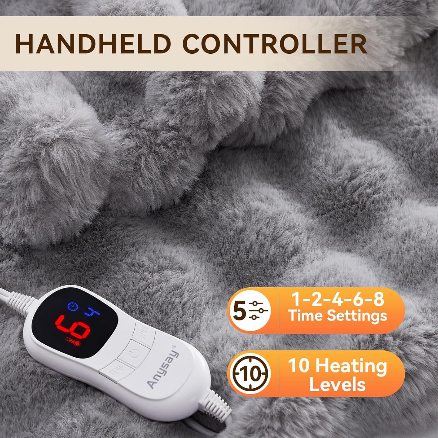 Heated Blanket Queen Size with 1/2/4/6/8 Hours Auto-Off 10 Heat Level, 72'' * 84'' Cozy Faux Rabbit Fur Bubble Electric Blanket with Overheat Protection(Light Grey)