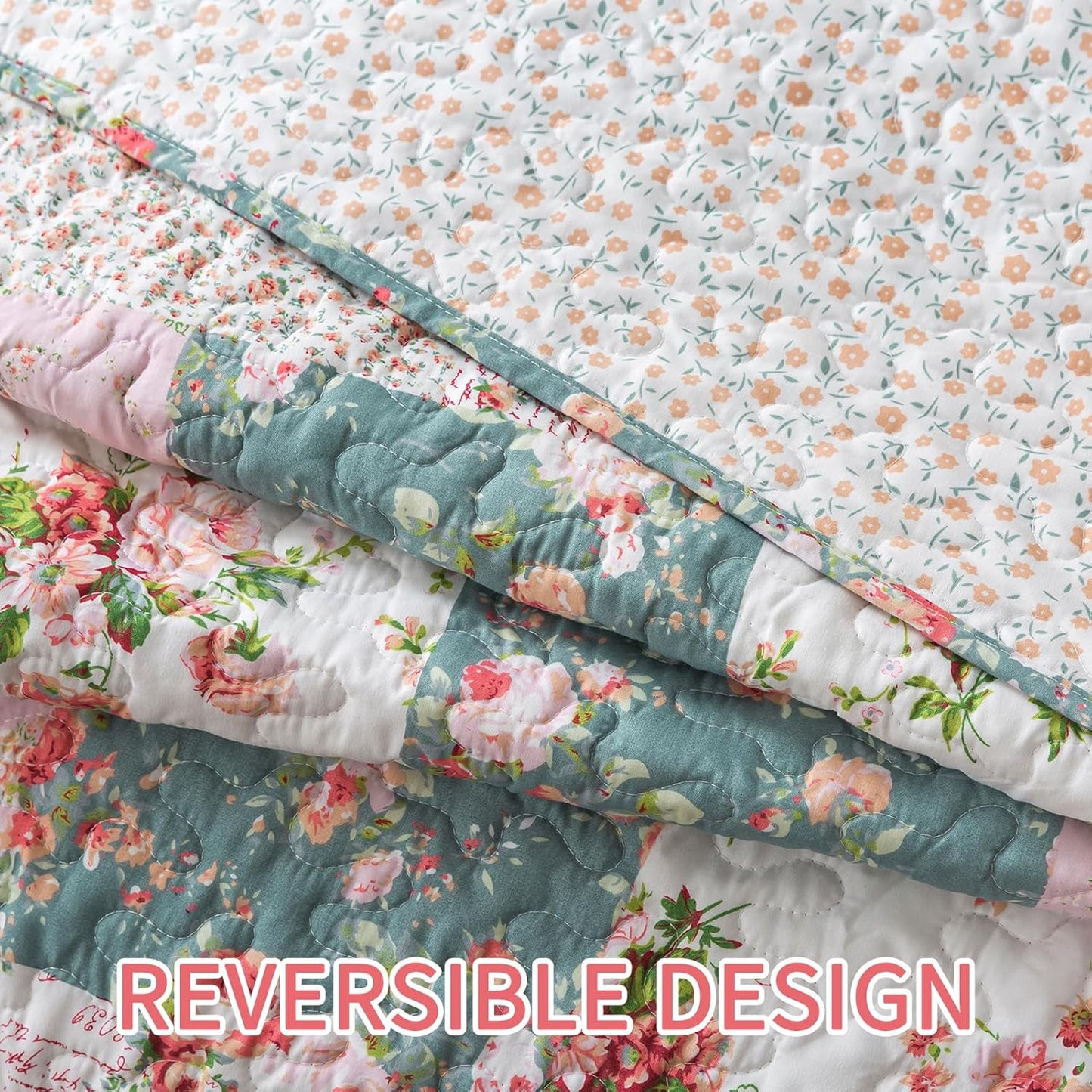 BEDIFANY French Style King Size Quilt Set for Farmhouse - 3 Pieces Cotton Filling Garden Lightweight Bedspreads King with Floral Pattern - All Season Quilt Bedding Sets for Decorations