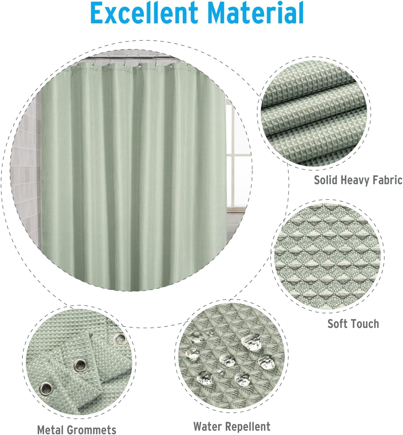 AmazerBath Sage Green Shower Curtain Fabric, Waffle Shower Curtain Cloth, Heavy Duty 240GSM, Hotel Quality Bathroom Shower Curtains, 72 x 72 Inches