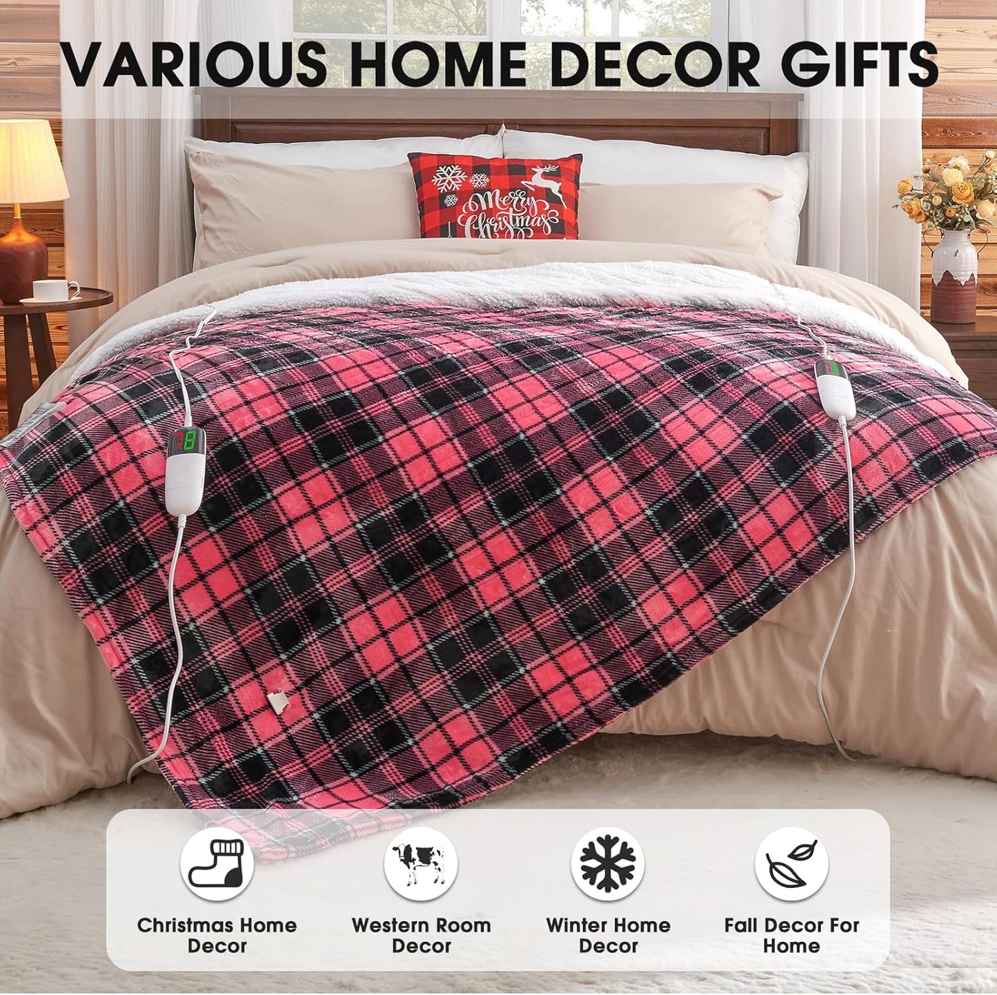 Pink Heated Blanket Electric, Queen Size 84X90, 10 Heat Levels/8 Hours Auto Off/Dual Control for Bed, Blue Plaid Checkered Sherpa Blanket Warmer for Adult, Washable Gift