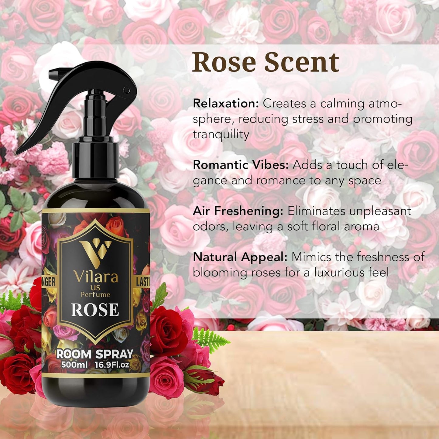 Vilara US Room Spray Freshener – Long-Lasting Luxury Perfume Scent, Linen & Fabric Spray for Bedding, Furniture, Home & Bedroom Aromatherapy – 16.9 fl oz (Rose)