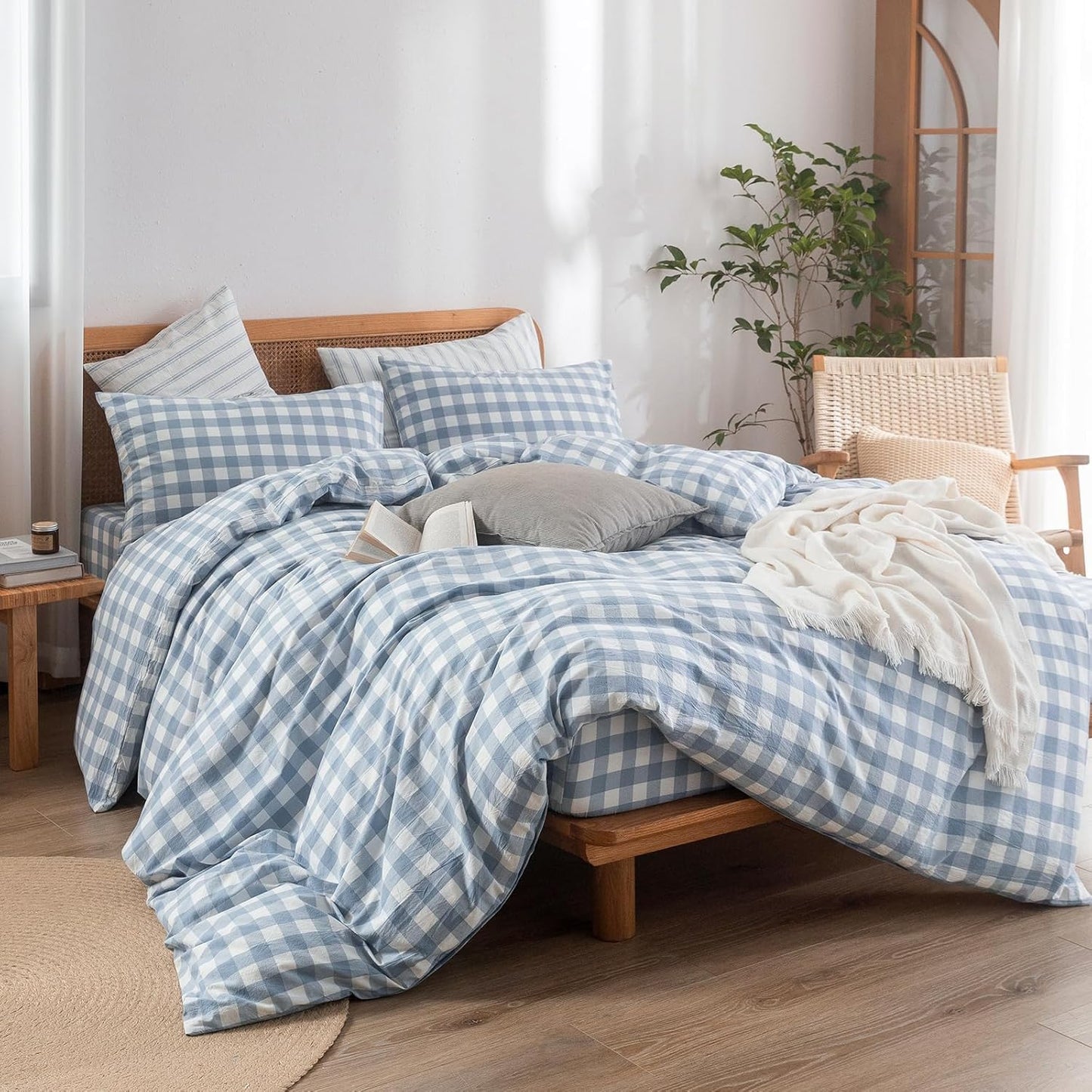 BESTOUCH Duvet Cover Set 100% Washed Cotton Linen Feel Super Soft Comfortable Chic Lightweight 3 PCs Home Bedding Set Cornflower Blue & White Grid Queen