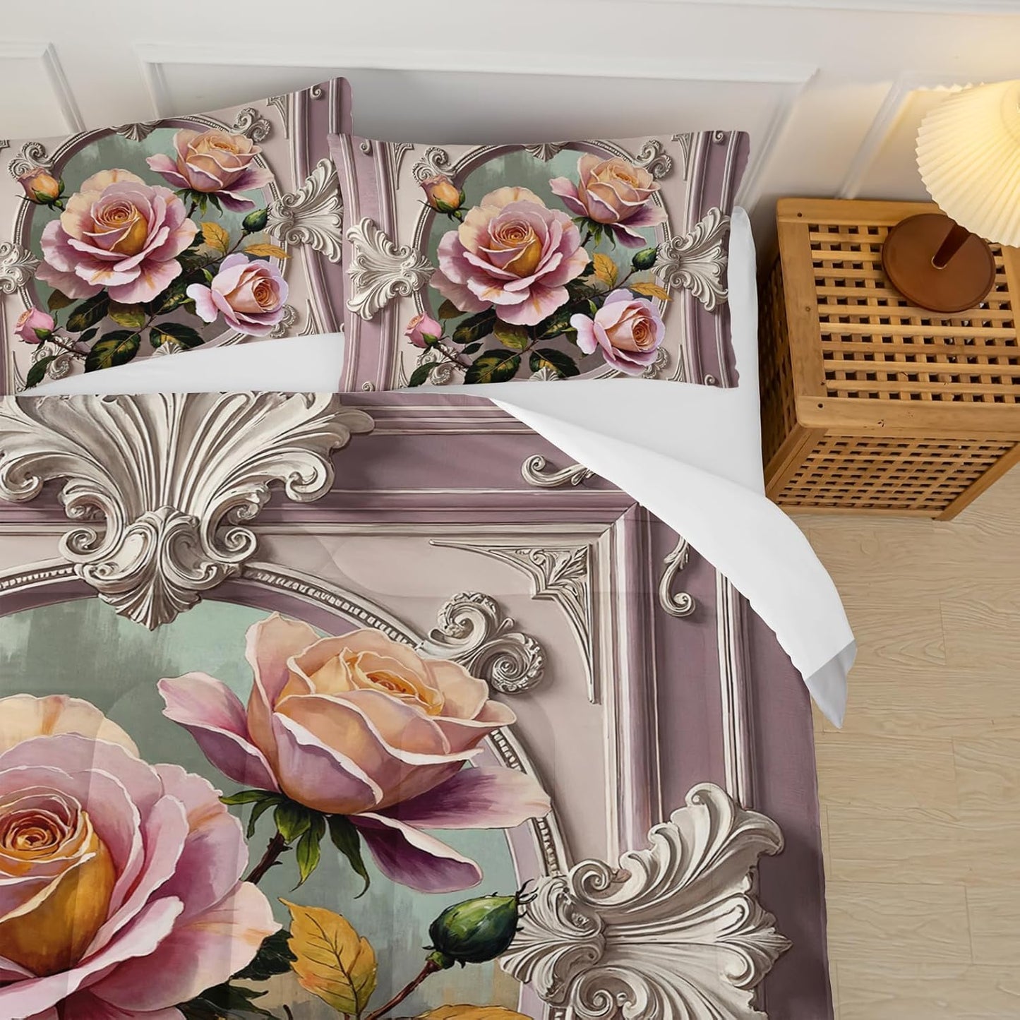 Pink and White Flower Queen Size Comforter Set，Flower Bed Bedding for Kids Queen Size