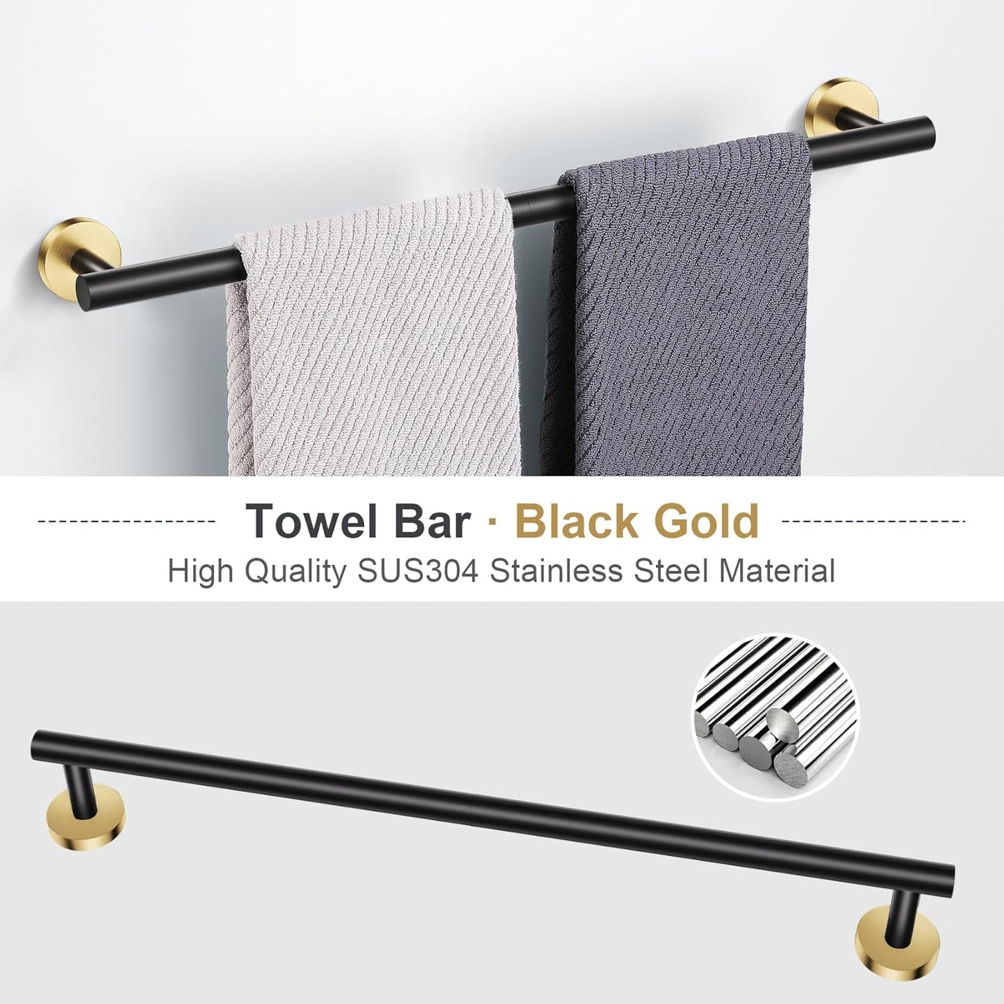 Lairuier 5 Pieces Black Gold Bathroom Accessories Set, 23.6 Inch Bath Towel Bar Set, SUS304 Stainless Steel Bathroom Hardware Set Round Toilet Paper Holder Set Wall Mounted