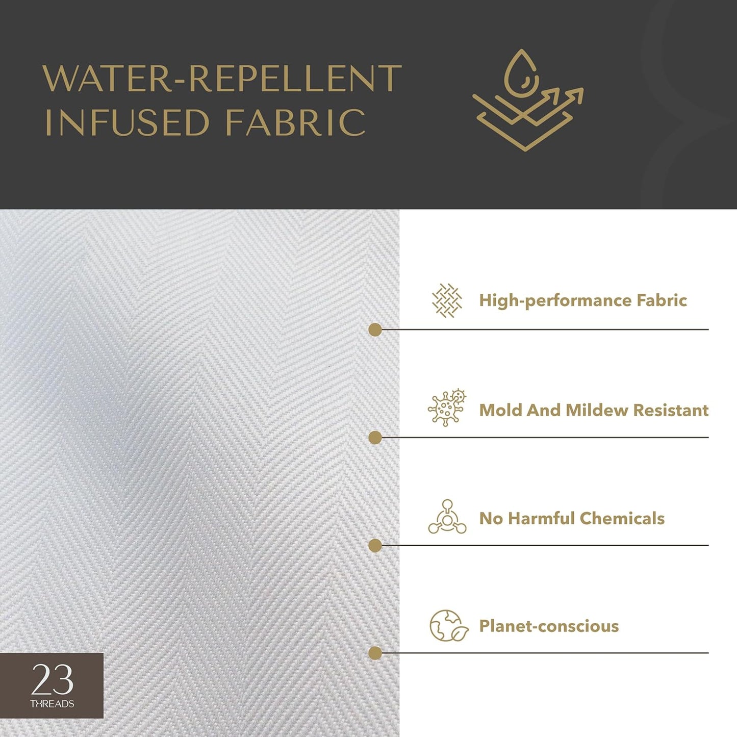 23 THREADS Fabric Shower Curtain for Bathroom, Water Resistant, Made from Sustainable Yarns, White, Herringbone Weave, with Window