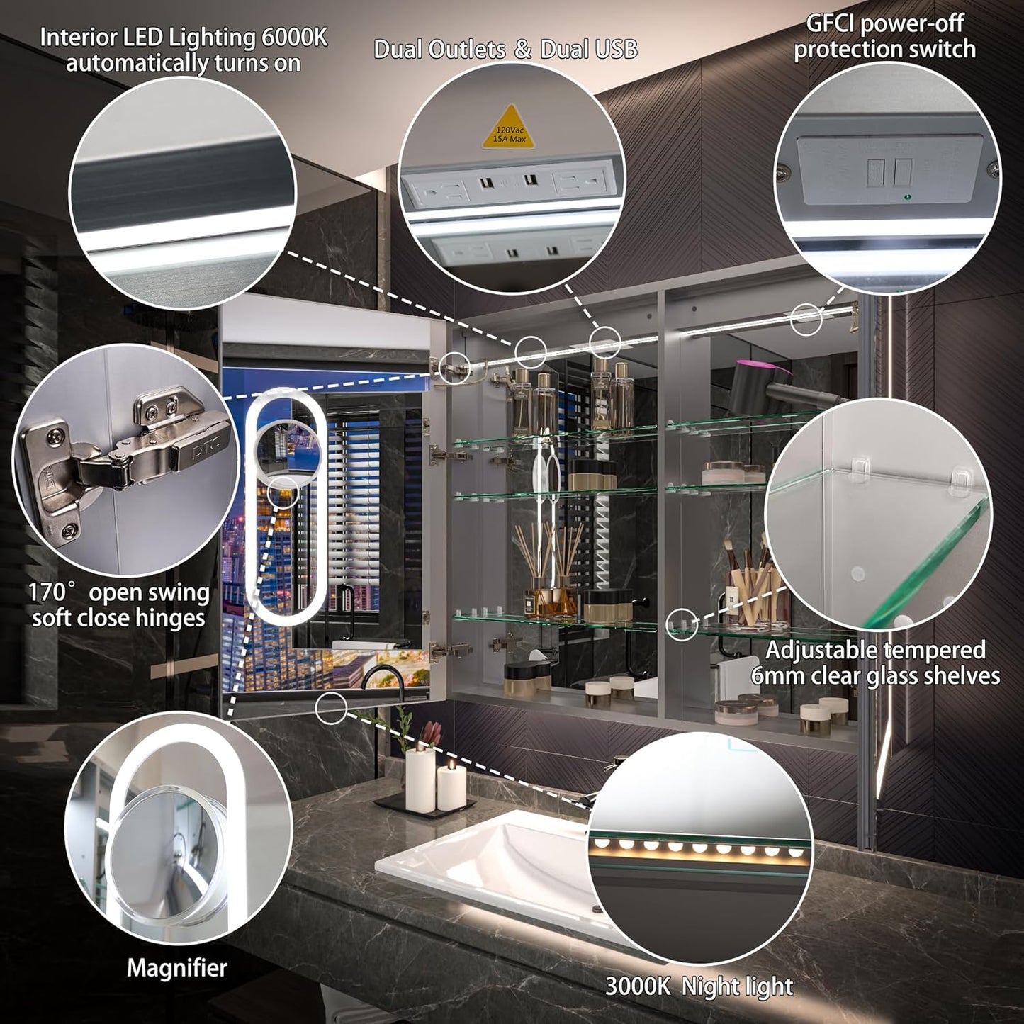 Lighted Medicine Cabinet with Mirror 42"x36" Recessed LED Medicine Cabinet Mirror, Front&Backlit, Anti-Fog, Stepless Dimming, 3-Color Temperatures, Magnifier, 2 Outlets, Storage Shelves, ETL Certified