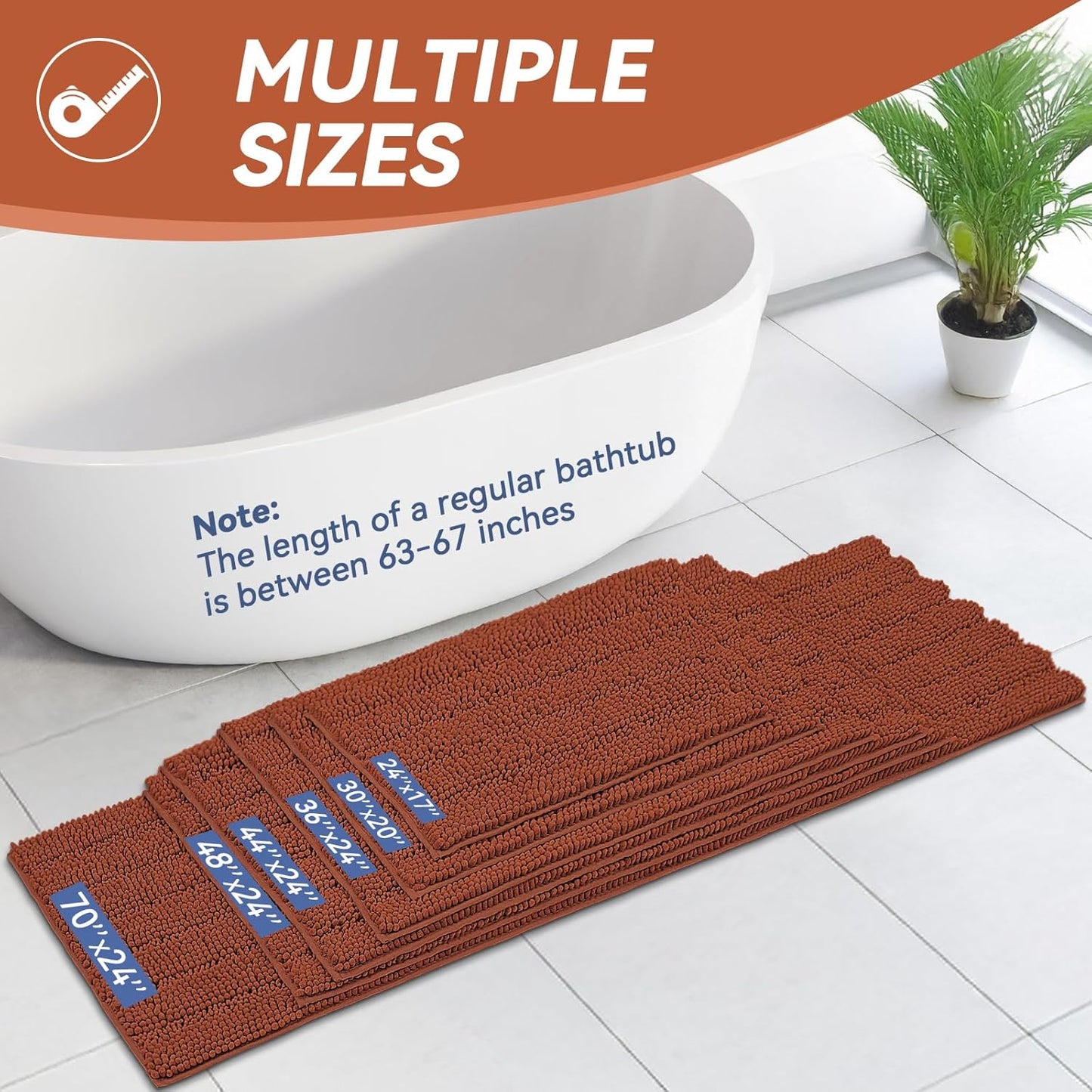 Bcoimo 24"×17" Chenille Bath Mat – Non-Slip with Backing Bath Rug Ultra-Absorbent and Machine Washable Bathroom Mat Quick-Dry Design. Ideal for Bathroom and Tub Areas