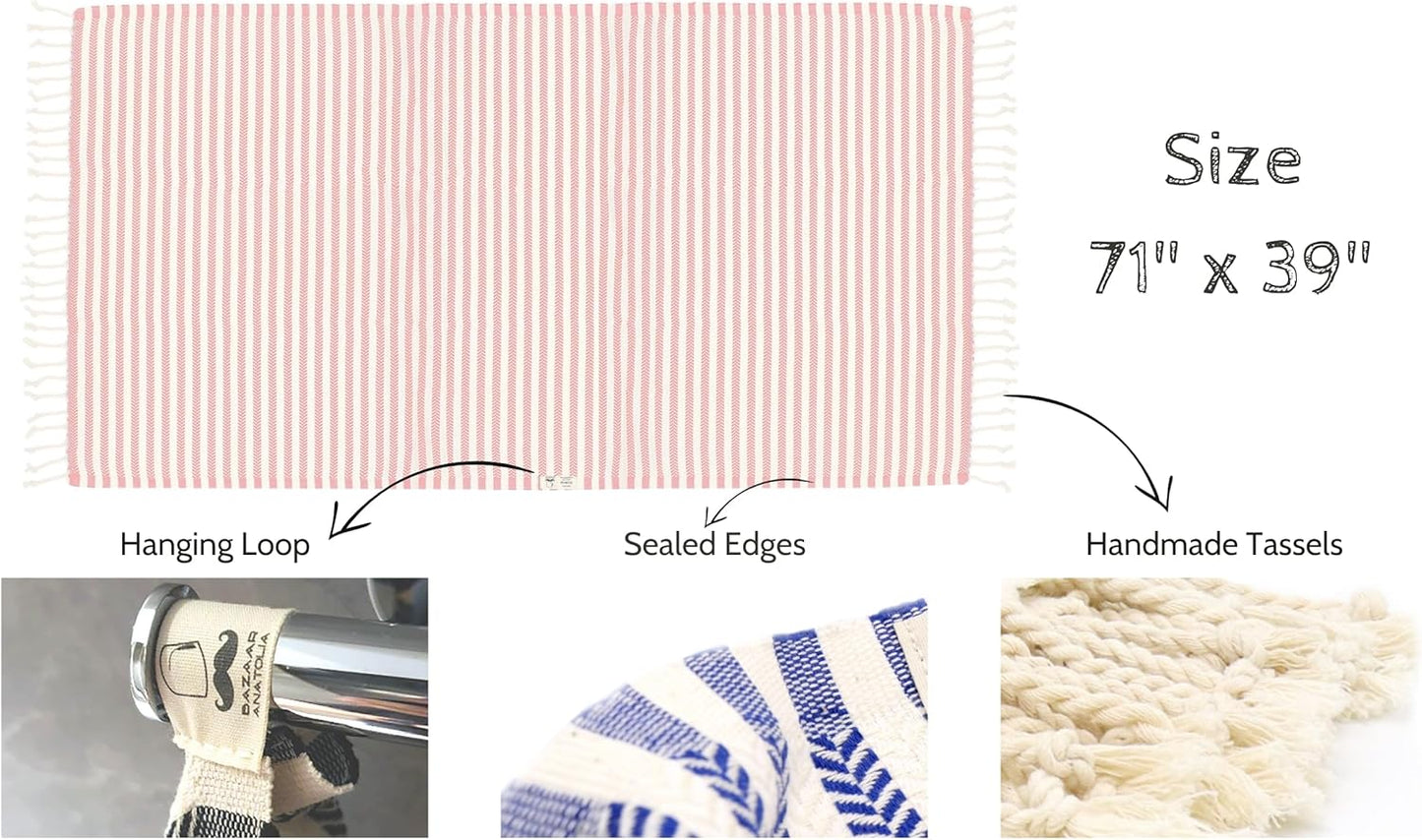 Bazaar Anatolia Turkish Beach Towel – 100% Cotton, Quick Dry, Sand Free Pink Picnic Blanket for Bathroom and Travel – Oversized 71x39 Inches – Arpa Pink