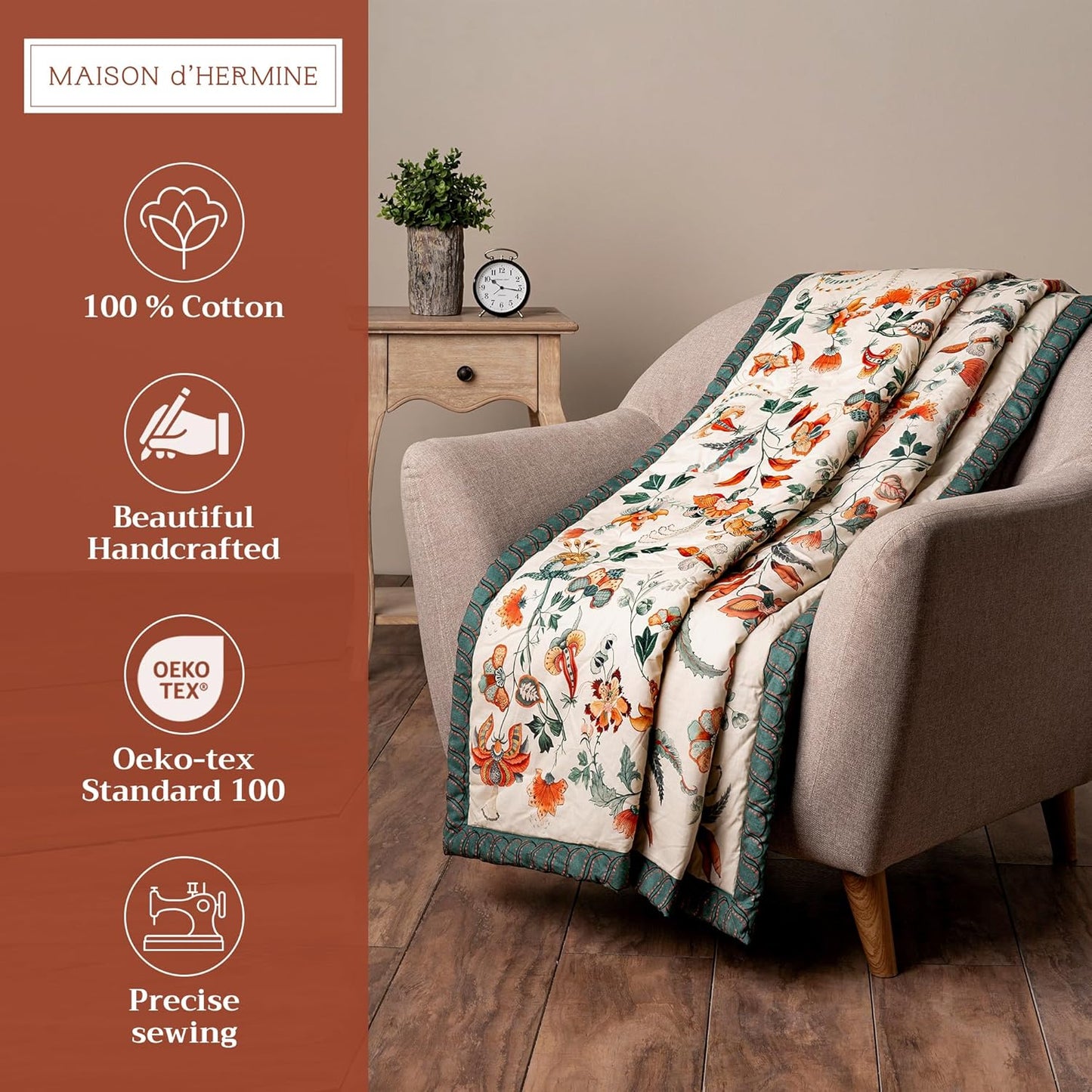 Maison d' Hermine Throw Blanket for Couch Lightweight Soft Warm Breathable Cotton Throw Blankets for Bed Girls Boys Women Men Gifts Sofa Travel Living Room Chair Bedding (50"x60", Dalida)