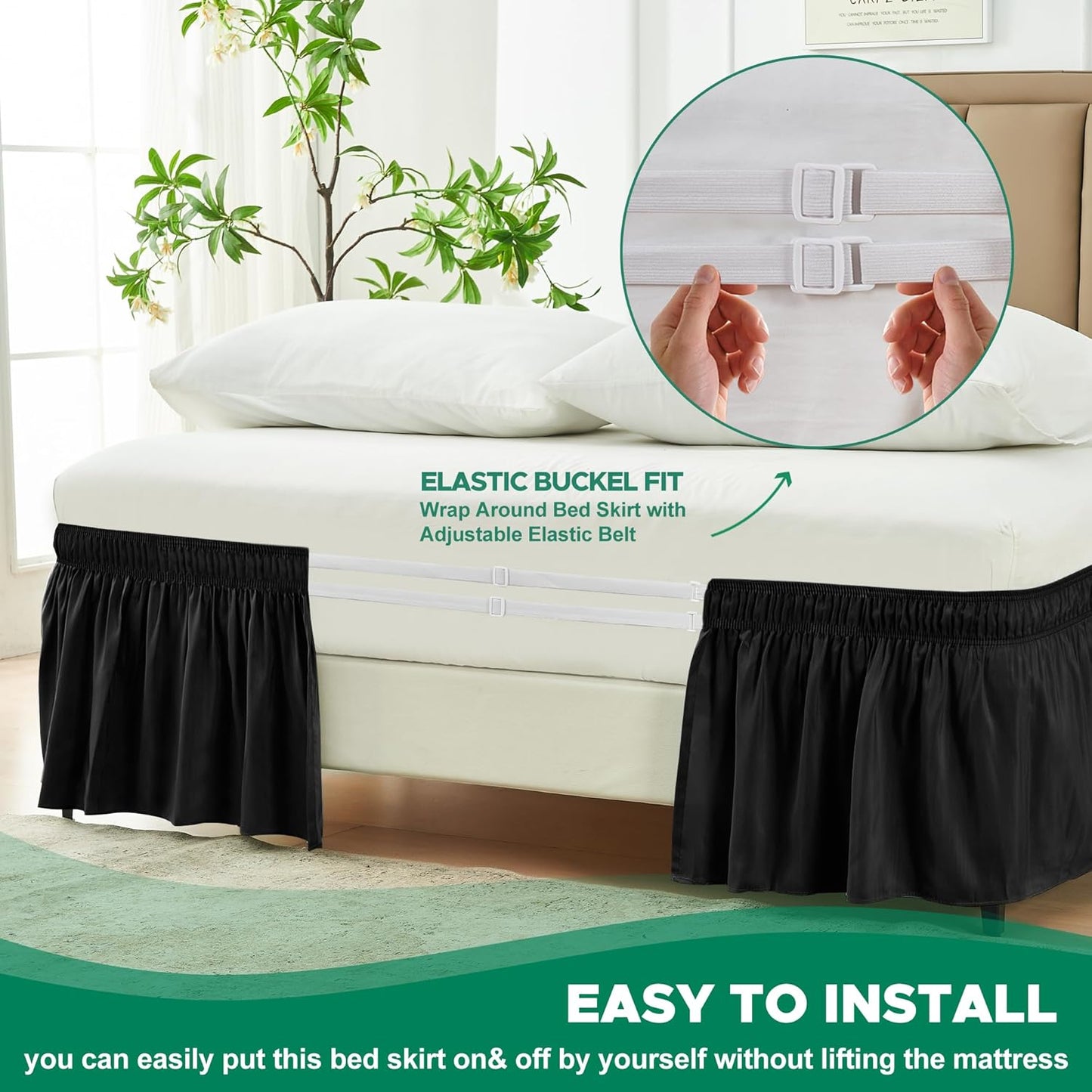 Biscaynebay Wrap Around Bed Skirts for Twin & Twin XL Beds with Long Drop of 21", Black Adjustable Elastic Dust Ruffles Easy Fit Wrinkle Resistant Silky Luxurious Fabric Machine Washable