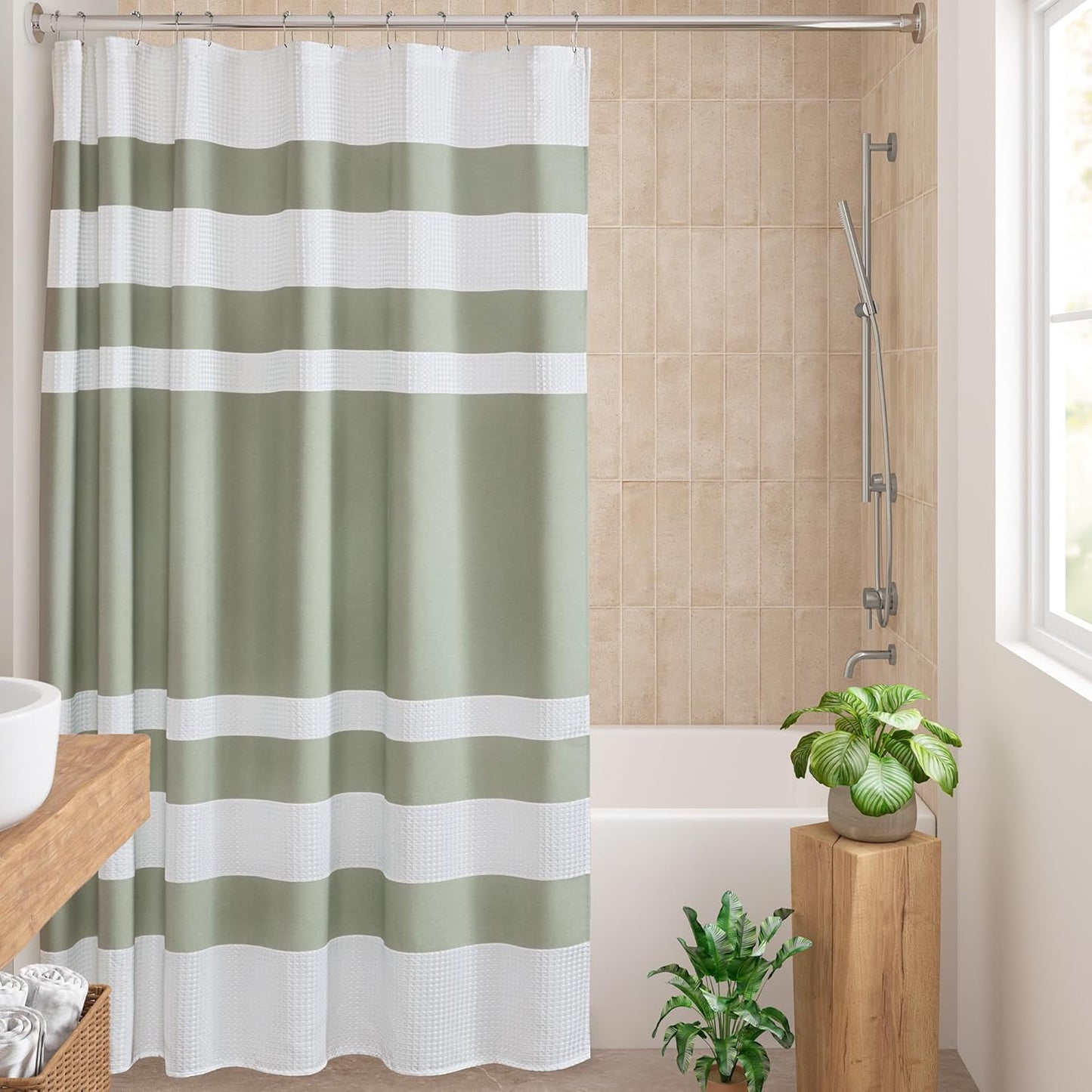 Madison Park Shower Curtain Spa Waffle Weave Wide Shower Curtain for Bathroom 3M Scotchgard Moisture Management, Spa Quality Modern Shower Curtains for Bathroom, Extra Wide 108"x72" Sage Green