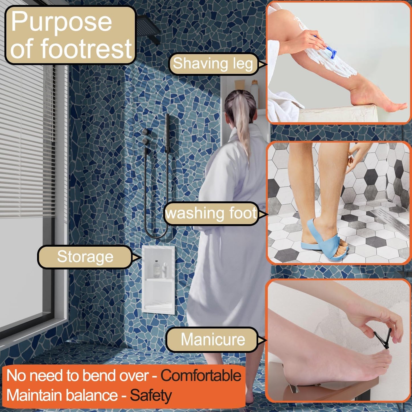 Shower Foot Rest for Shaving Legs,Double Layer Niche for Footrest,Shower Footrest for Insert Wall,Stainless Steel 304，Matte White,12.2 in x 4.8 in x 3.9 in