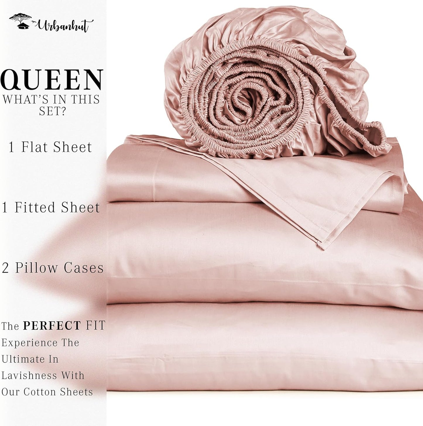 URBANHUT Queen Size Sheets 100% Pure Cotton, 1000 Thread Count 4 Pc Bed Sheet Sets, Soft & Breathable, Luxury Hotel Sheets Fits 16" Elasticized Deep Pocket, Sateen Weave, Solid - Blush Pink