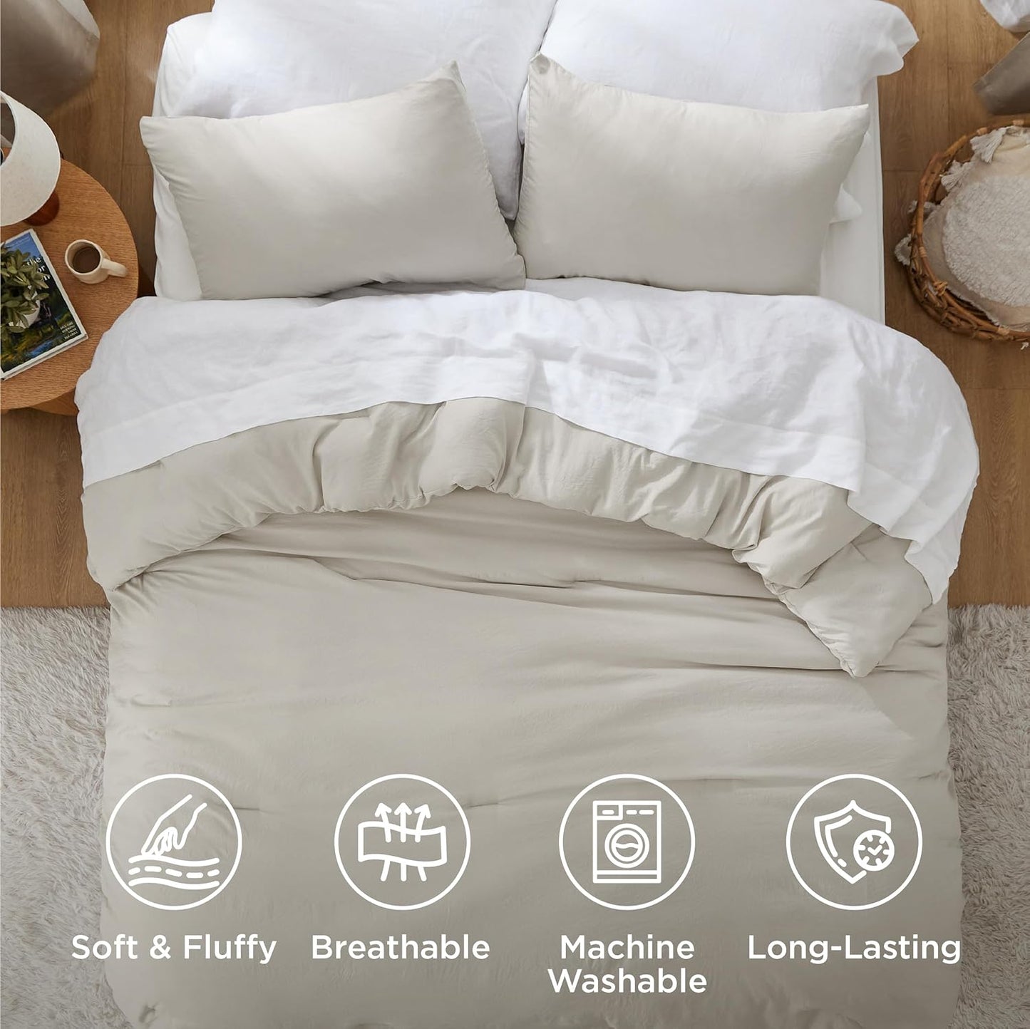 Bedsure Oversized Queen Size Comforter Set, Beige Soft Prewashed Bedding for All Seasons, 3 Pieces GentleSoft™ Down Alternative Bed Set, 1 Lightweight Comforter (98"x98") and 2 Pillowcases (20"x26")