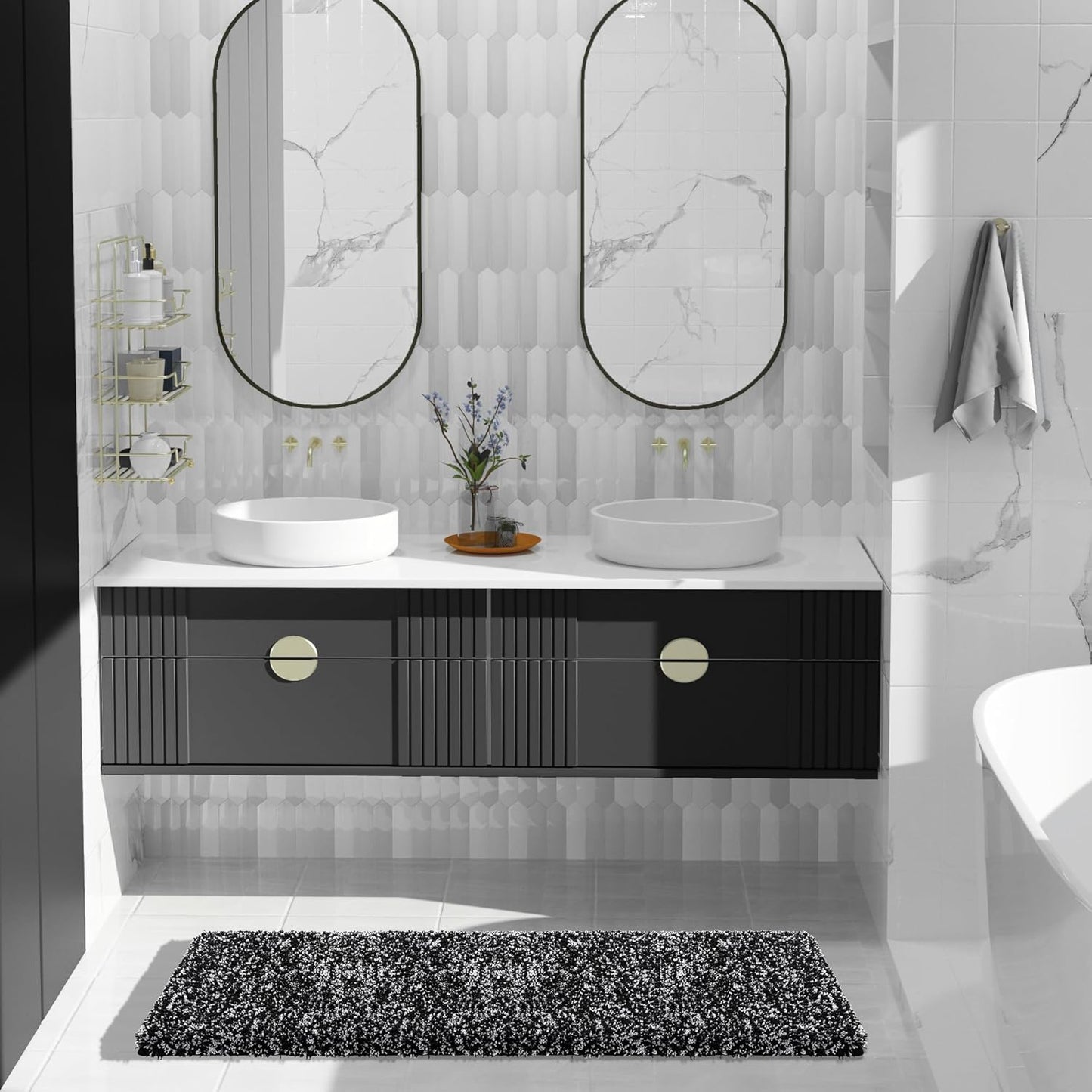 Yimobra Black and White Bathroom Rugs, Luxury Fluffy Bath Mats, Non Slip, Water Absorbent Microfiber, Machine Washable, Plush Runner Carpet Shower Rugs, Thick Matts for Bathroom Floor&Tub, 44"x 24"