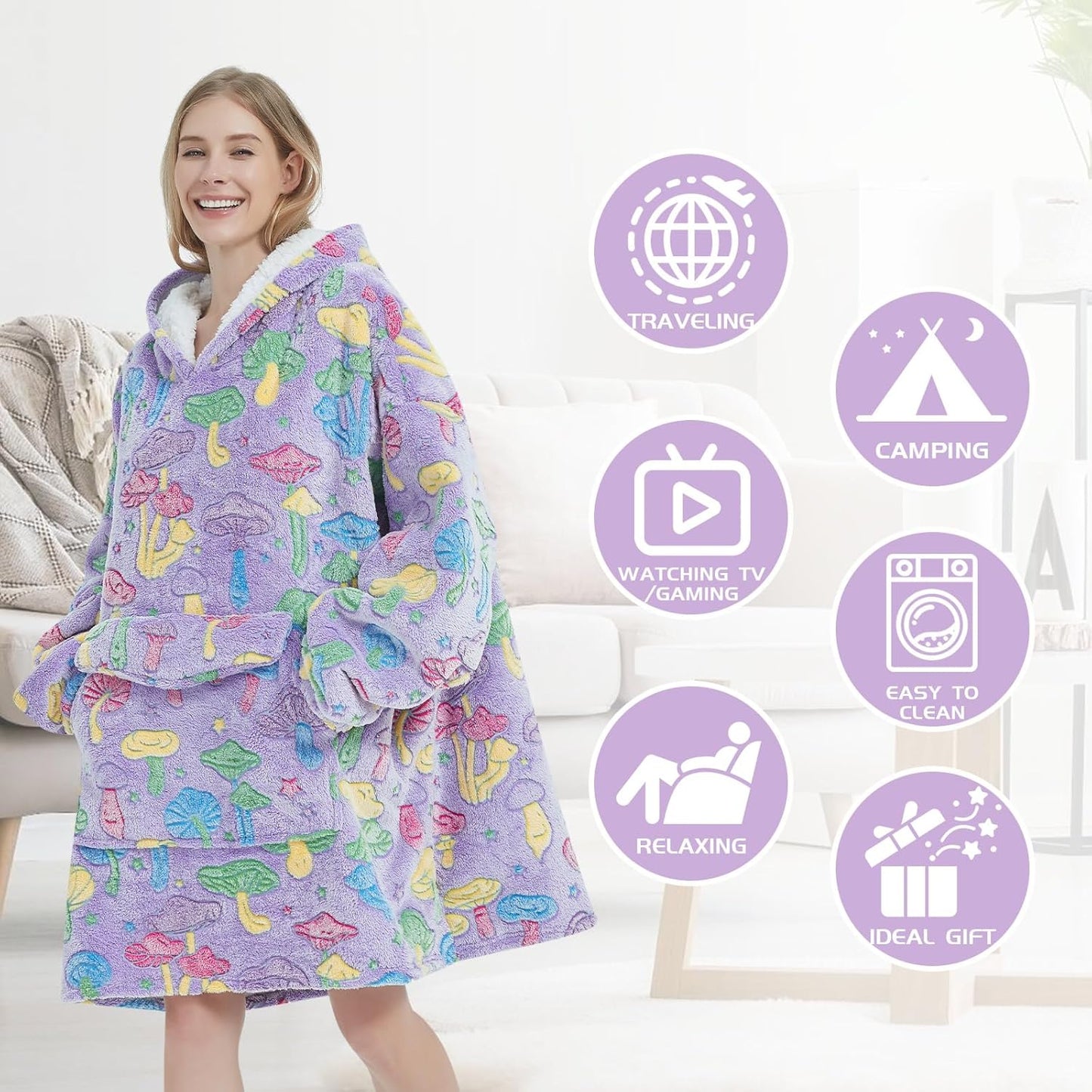 Glow in The Dark Mushroom Wearable Blanket Hoodie for Adult,Oversized Sherpa Fleece Blanket Hoodie for Women Men,Mushroom