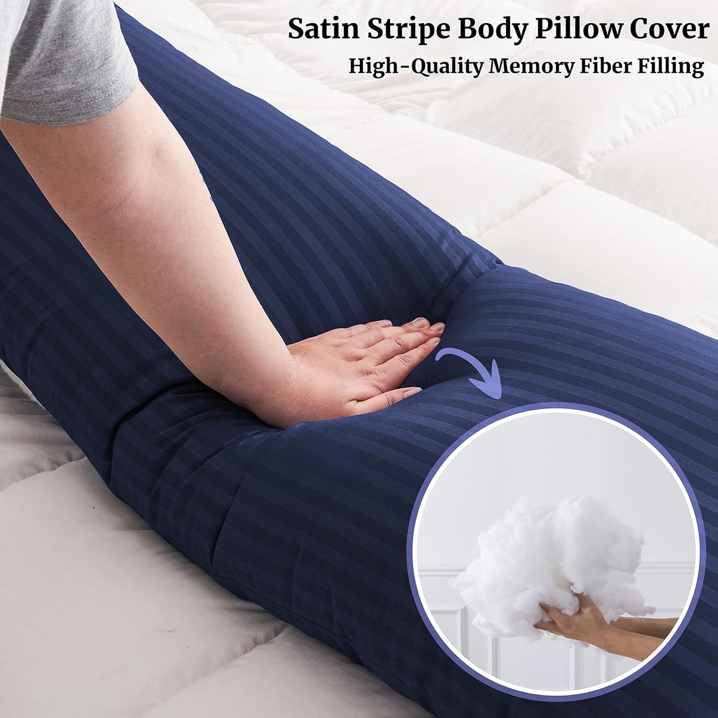 ELNIDO QUEEN Body Pillow for Adults-with Navy Blue Stripe Cover, Full Body Pillow Insert for Side Sleeper, Long Bed Pillow for Sleeping(20 x 54 Inch)