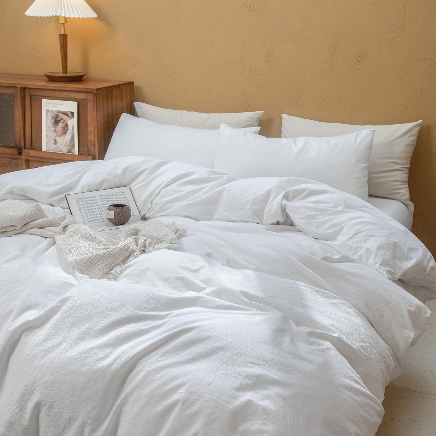 FOSSA Duvet Cover Set 100% Washed Cotton Linen Feel Super Soft Breathable Cozy 3 Pieces Bedding Sets Solid Bright White Full/Double