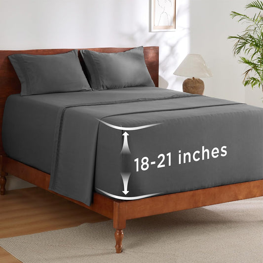 Bedsure Deep Pocket California King Sheet Sets - Fits Mattresses Up to 21 Inches Thick - 4 Piece Bed Sheets, Moisture Wicking, Soft & Cooling Bedsheet & Pillowcases, Easy & Secure Fit, Grey