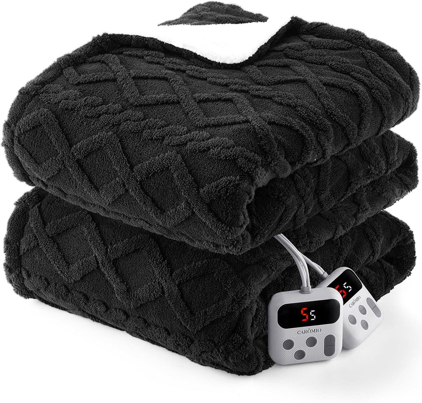 CAROMIO Electric Blanket Queen Size Dual Control - Thick Tufted Sherpa Heated Blanket Queen with 10 Heating Levels and 10 Time Settings, ETL Certified Fast Heating Blanket Queen Size 84"×90", Black