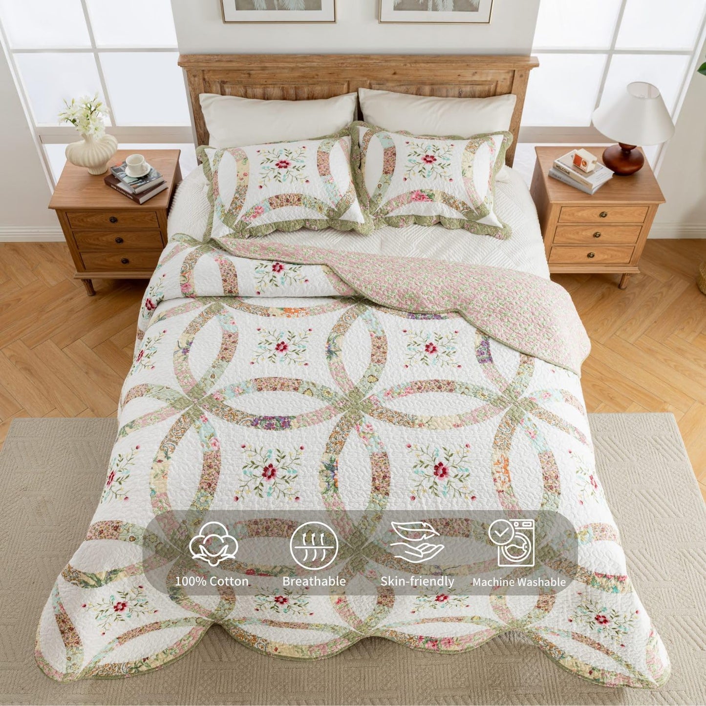 meadow park Cotton Real Patchwork Embroidery Quilt Set 3-Piece. 100% Washed Cotton. 461 Hand Cut Patches. Embroidery and Allover Quilting. Reversible Coverlet Set. (King)