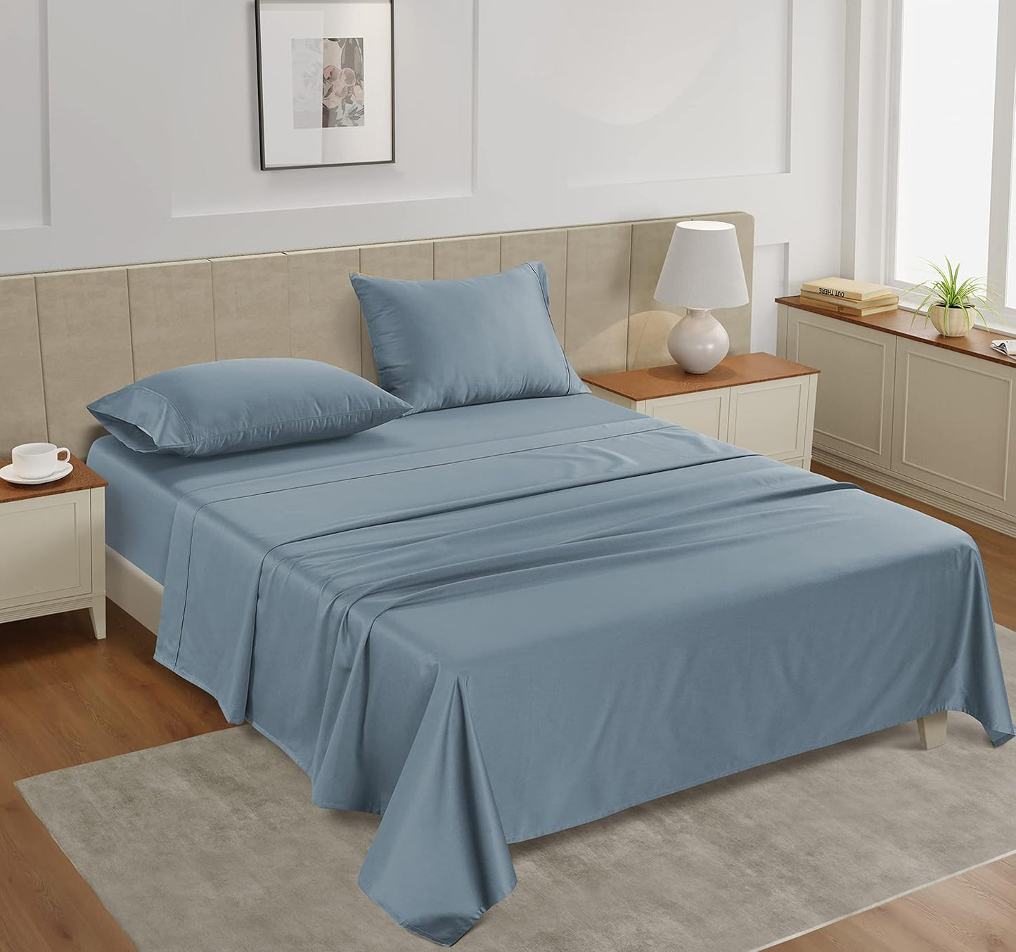 LANE LINEN Full Sheet Set – 450 Thread Count 100% Cotton Cooling Sheets, Soft Sateen Weave, 15” Deep Pocket Fully Elasticized Fitted Sheet, Breathable Sheet & Pillowcase Sets, French Blue