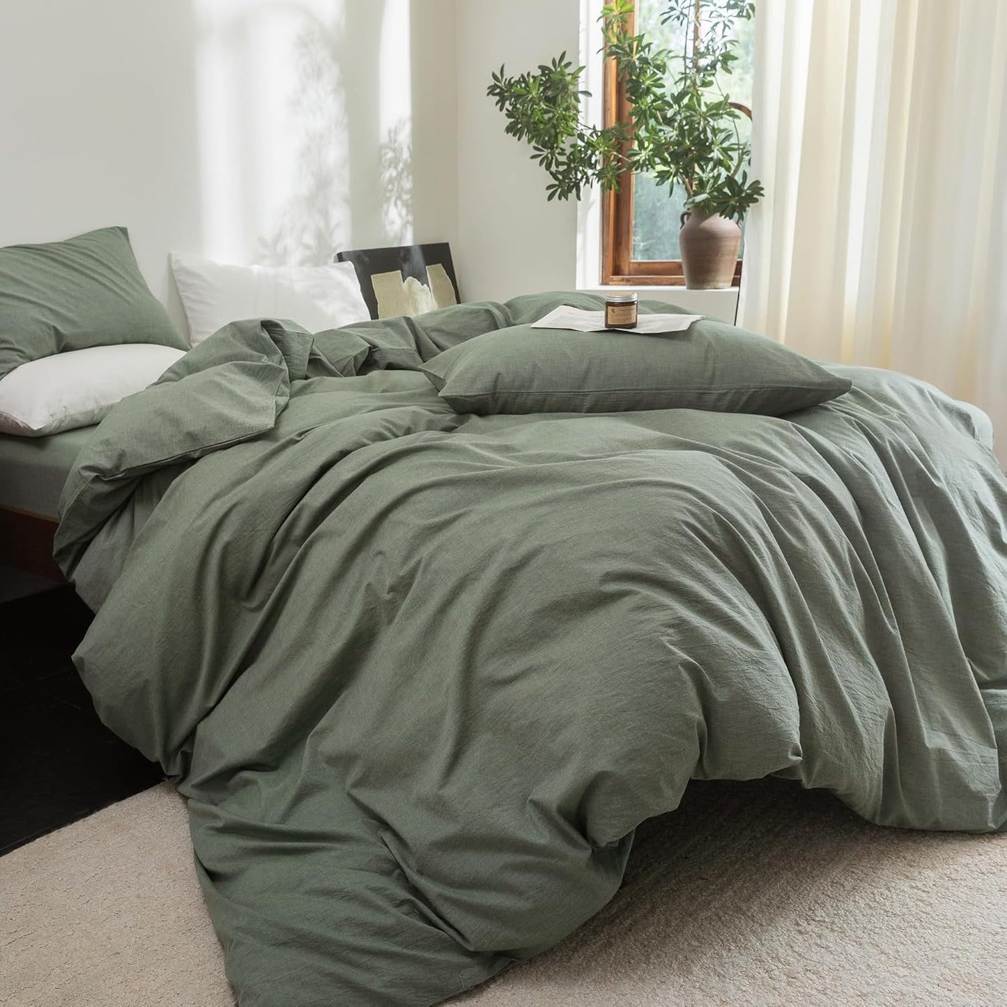 FOSSA Duvet Cover Set 100% Washed Cotton Linen Feel Super Soft Breathable Cozy Simple Style 3 Pieces Bedding Sets Solid Heathered Green Oversized King