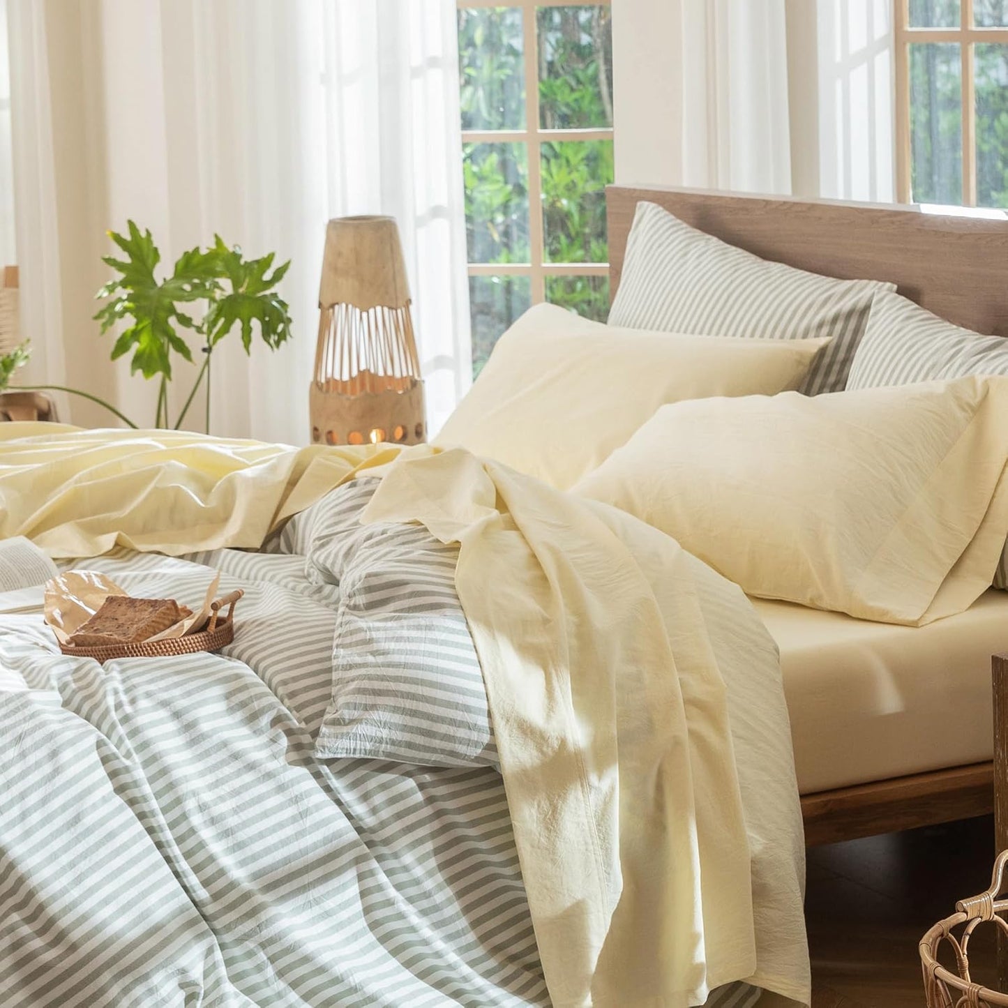 MooMee Bedding Sheet Set 100% Washed Cotton Linen Like Textured Breathable Durable Soft Comfy (Heathered Butter Yellow, California King)