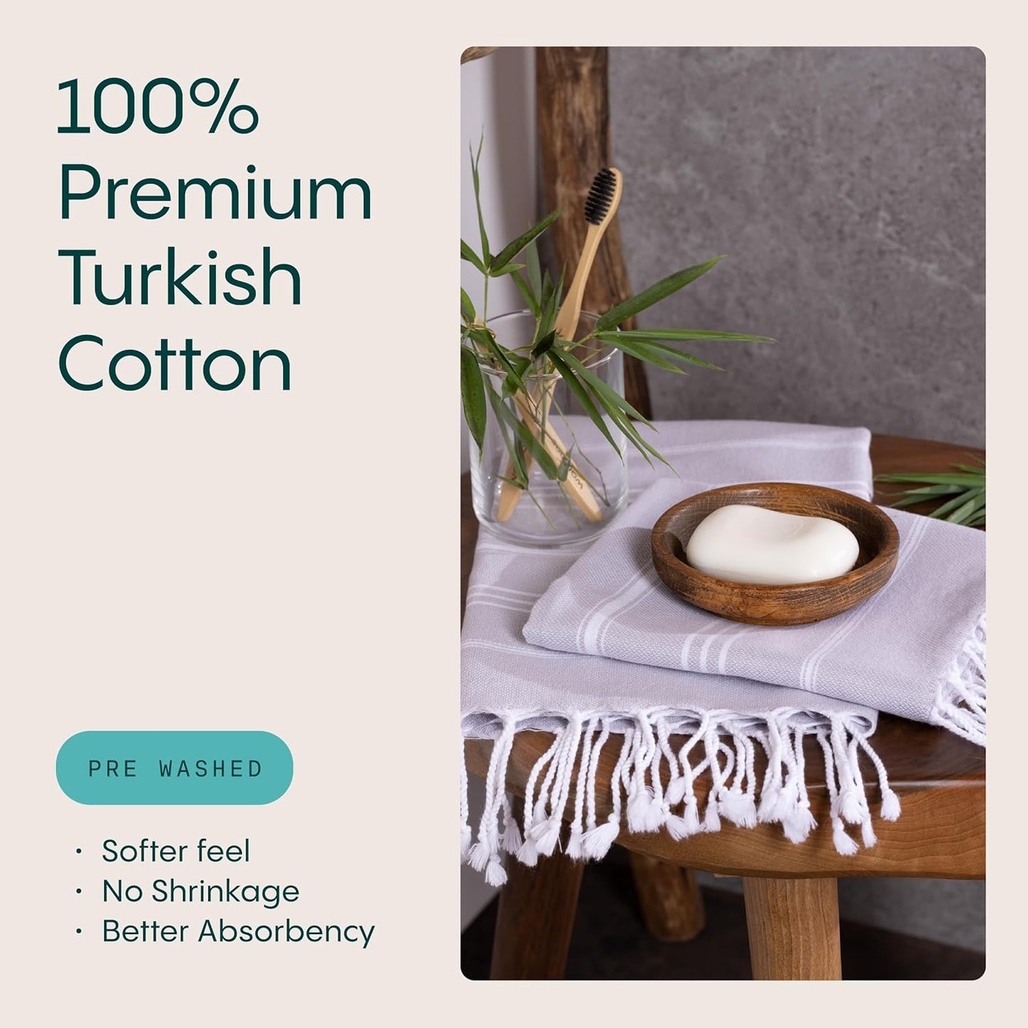 WETCAT Turkish Hand Towels with Hanging Loop, Set of 2 (20" x 30") 100% Turkish Cotton, Pre-Washed, Quick Drying, for Kitchen or Bathroom - Light Grey