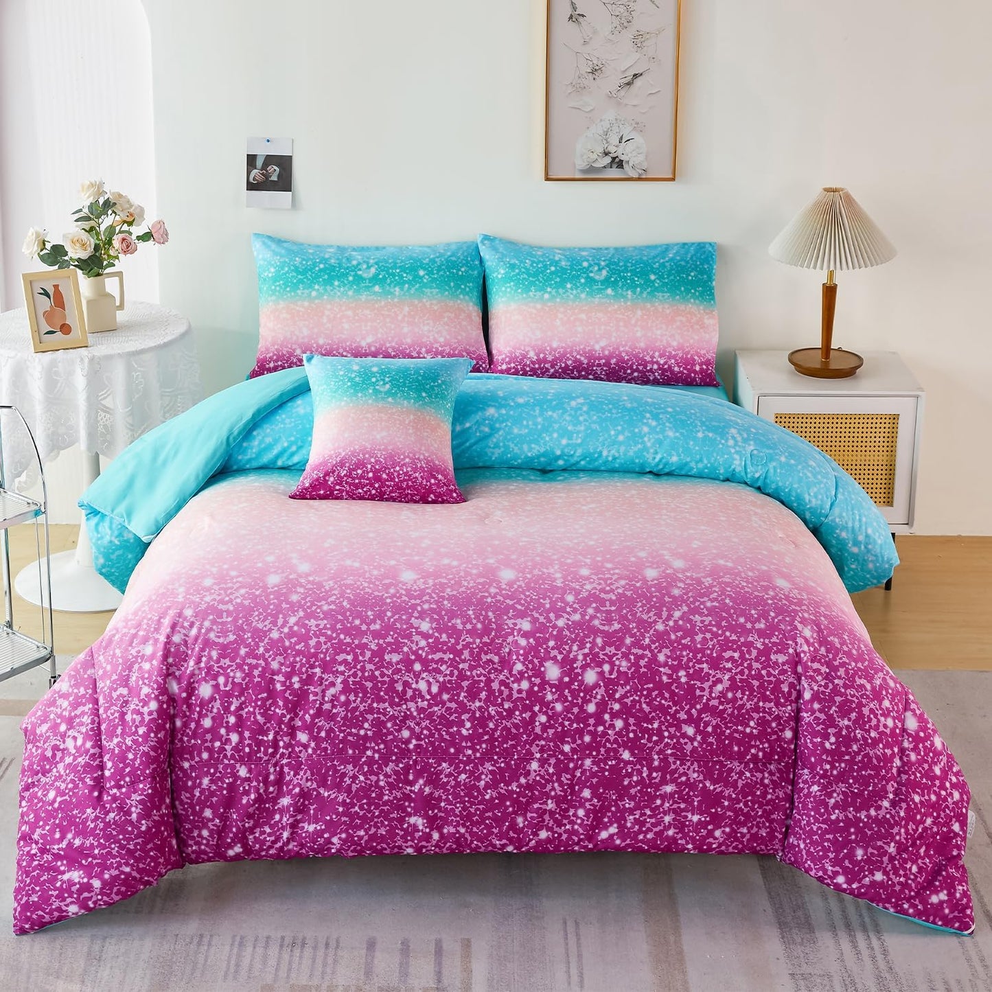 URBONUR 6Pcs Glitter Comforter Set for Girls Queen Size Gradient Tie Dye Purple Blue Bedding Set Comforter with Sheet Set, Ultra Soft and Breathable Kids Bed Set for Teen Girl