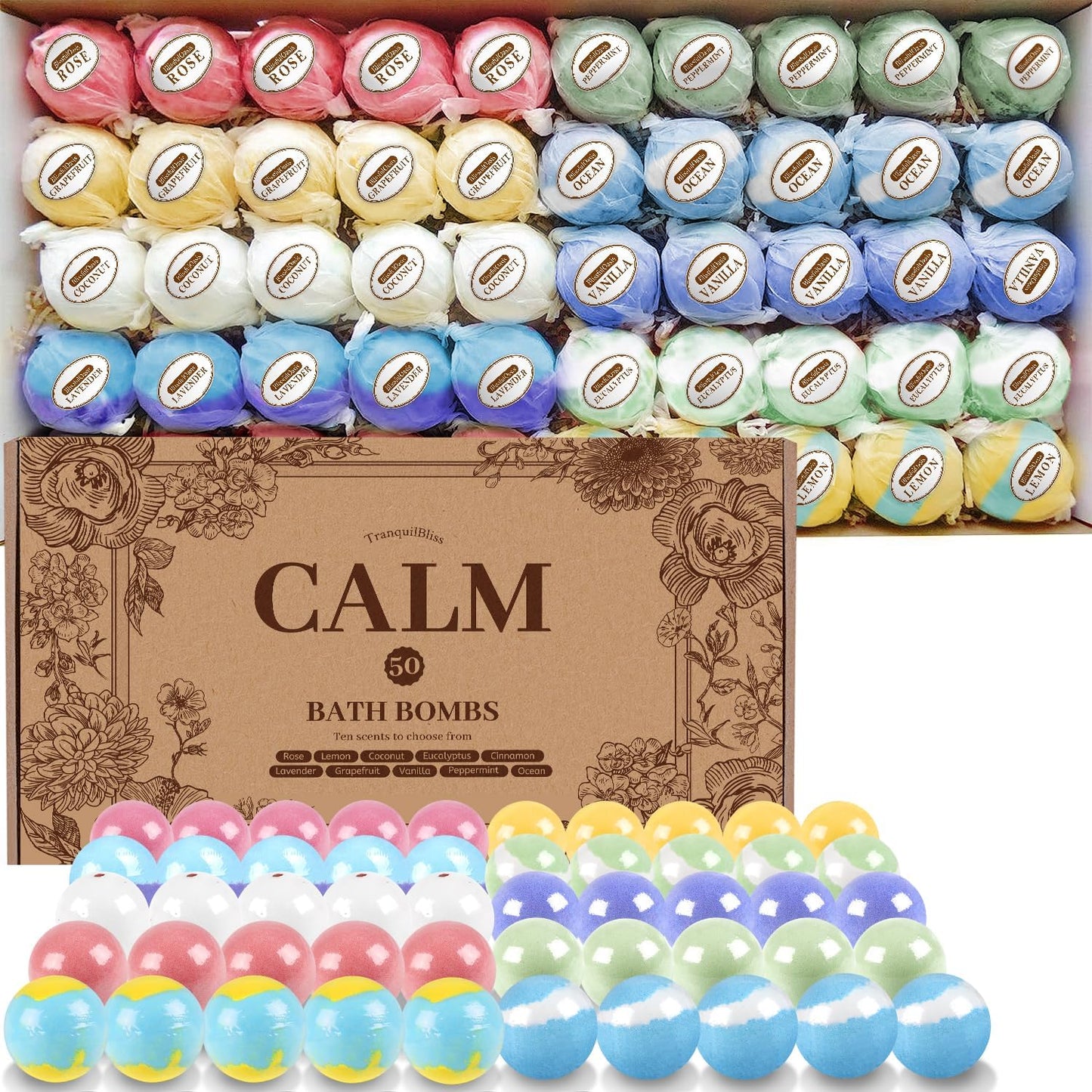 TranquilBliss Bath Bombs Set 50 PCS with 10 Rich Scents, Bath Bombs for Women, Natural Bubble Bombs with Shea Butter & Safe Oil, Ideal for Christmas, Birthday, Mother's Day Present (Brown)