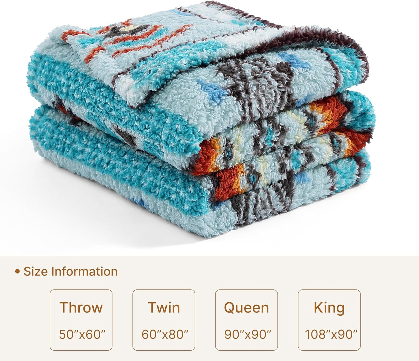 CASAAGUSTO Boho Sherpa Blanket,Teal Aztec Twin Blanket, Ultra Soft, Warm, Cozy, Plush, Thick Fleece Western Blanket for Couch, Bed, Sofa (Aqua 60 * 80 Inch)