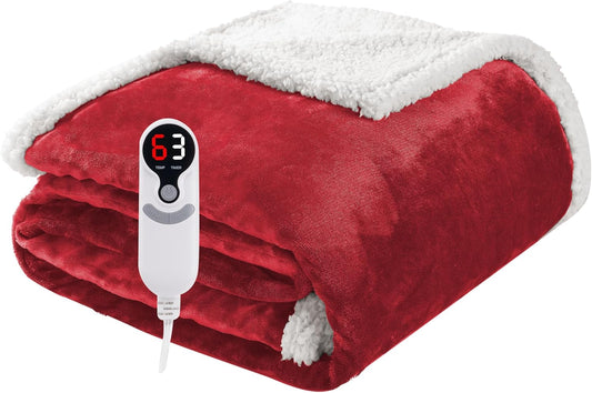 Electric Heated Blanket Throw Size 50"x60", Soft Flannel with Overheat Protection, 6 Adjustable Heat Settings & 3-Hour Auto-Off Timer, Fast Heating for Winter Comfort, Red
