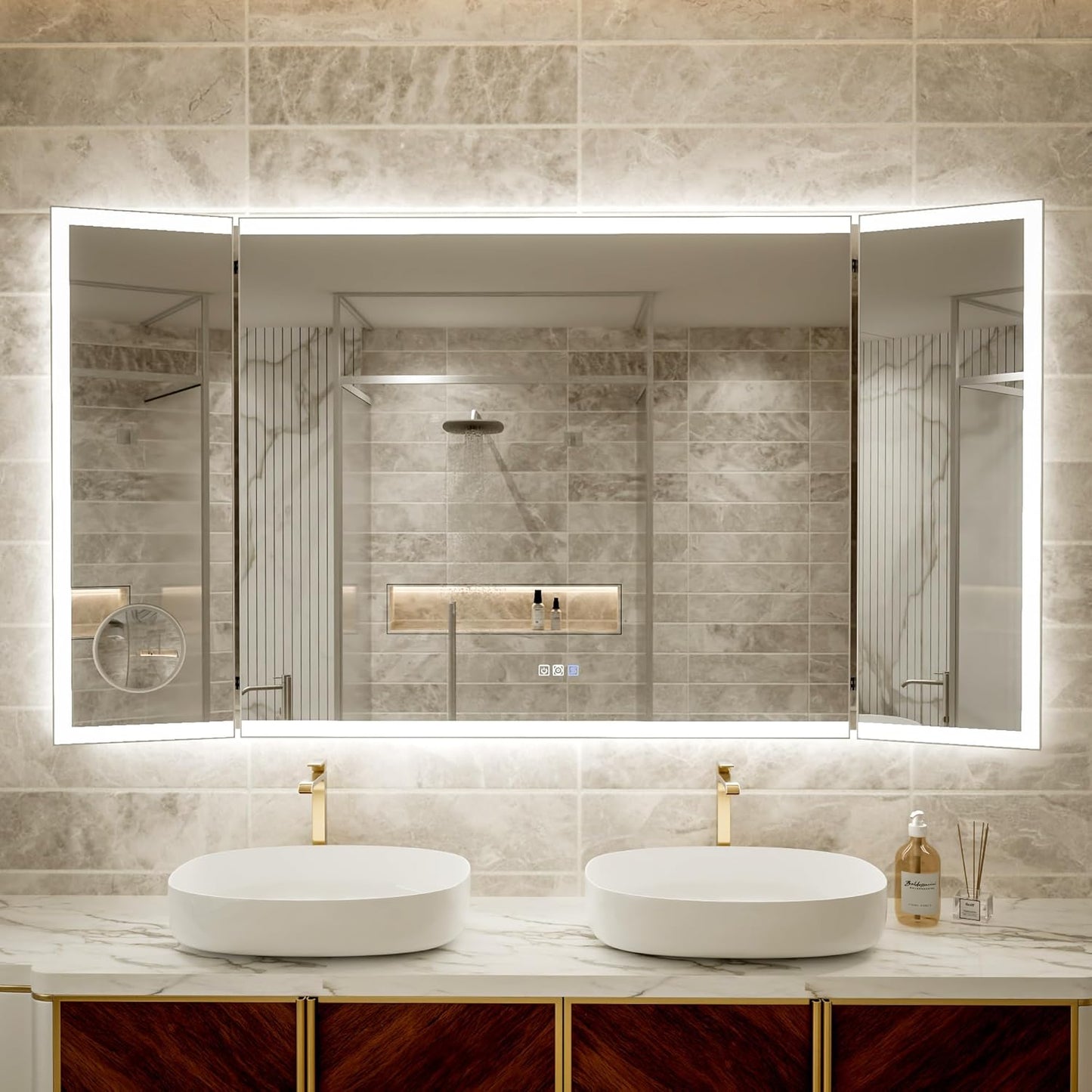 66x36 Trifold Bathroom Mirror with Lights with Removable Magnifier, 180° Foldable LED Mirror for Bathroom, Front&Backlit, Wall Mounted, Stepless Dimming, Color Temper Change, Anti Fog