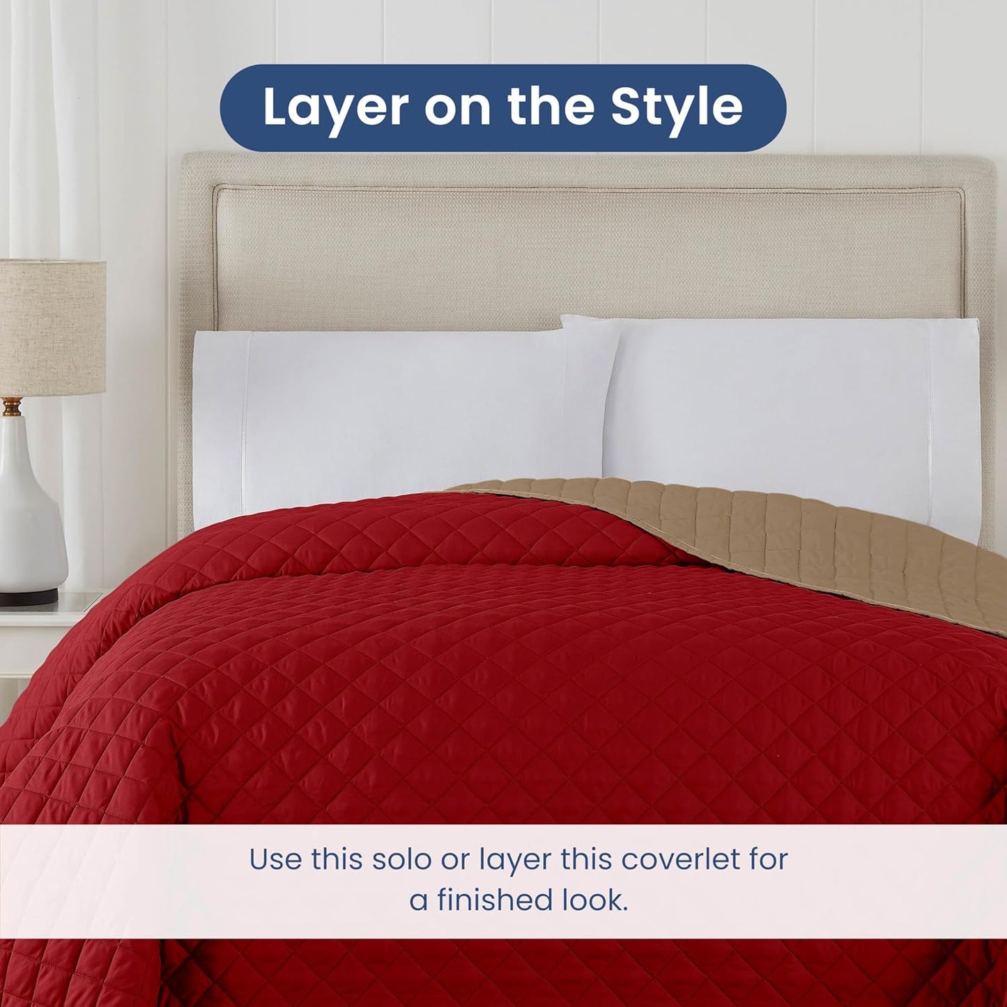 Martex Reversible Coverlet – Full Queen Size Quilt - Lightweight Full Size Bedding– Durable Queen Size Quilts for Bed – Soft - Easy Care Bedding – Khaki/Red
