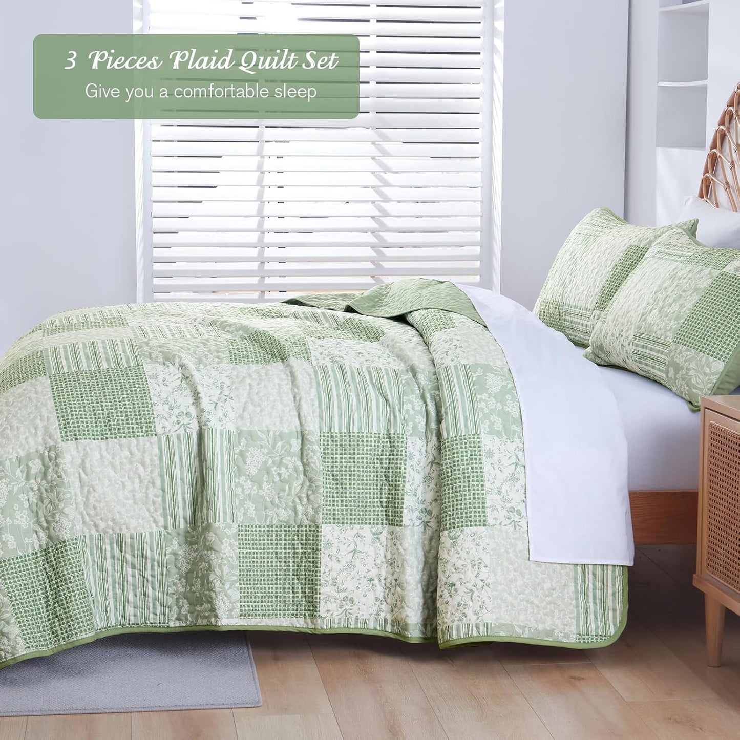 Mybedsoul Light Green Quilt Set King Size, 3 Pieces Plaid Floral Bedspread Set Patchwork Reversible Bedding Set Microfiber Lightweight Bedspread Coverlet Set for All Season 110"x90"