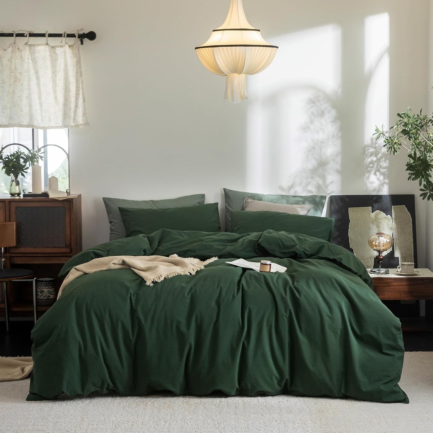 FOSSA Duvet Cover Set 100% Washed Cotton Linen Feel Super Soft Breathable Cozy 3 Pieces Bedding Sets Solid Forest Green King