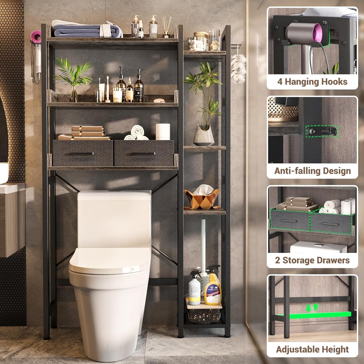 Over The Toilet Storage with 2 Drawers - 7 Tier Bathroom Organizer with Adjustable Shelf, Freestanding Space Saver Storage Rack Above Toilet Stand with 4 Hooks for Restroom, Laundry, Grey Oak