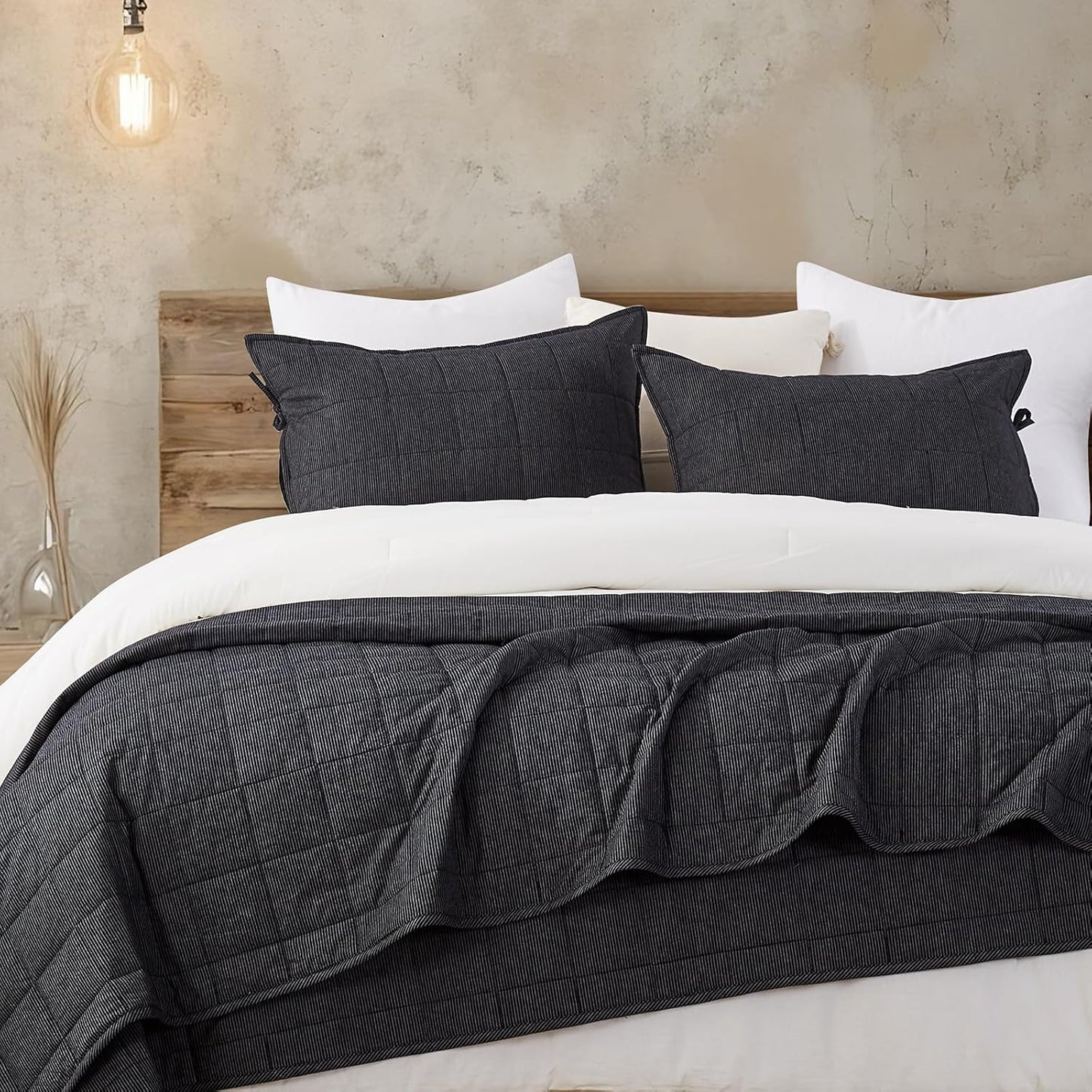 Midnight Pinstripe Quilts Queen Size, Cotton Queen Quilt Set Stone Washed with Black Stripe Bedding Coverlet Light Weight 3-Pieces with 2 Pillow Shams