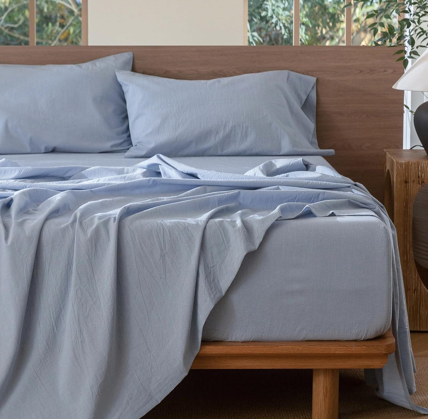 MooMee Bedding Sheet Set 100% Washed Cotton Linen Like Textured Breathable Durable Soft Comfy (Heathered Cornflower Blue, Twin XL)