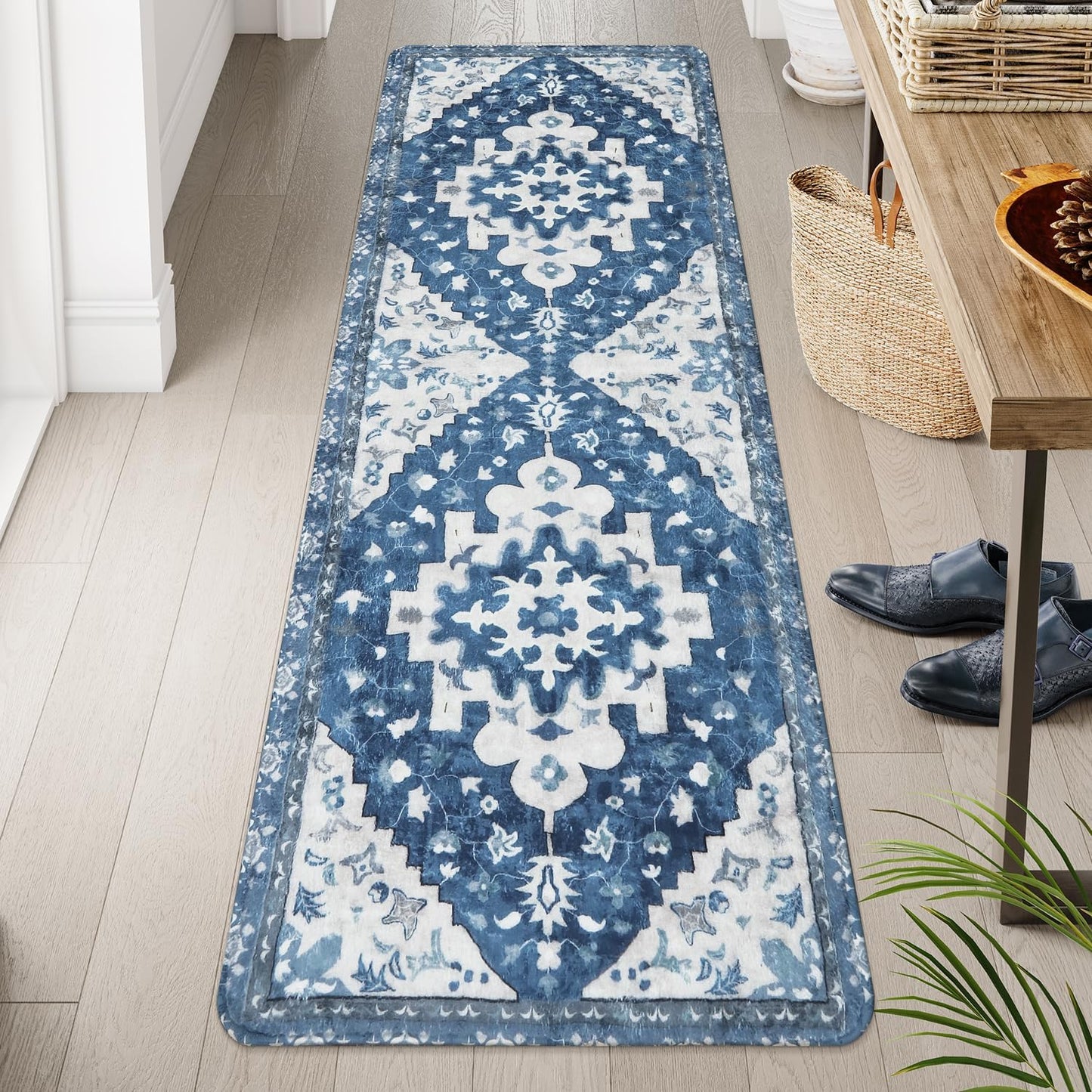 Uphome Boho Vintage Large Bathroom Rugs Blue Non-Slip Soft Hallway Runner Traditional Tribal Machine Washable Bedroom Rug Oriental Floral Aesthetic Floor Mat for Entryway Kitchen Laundry, 24x71 inch