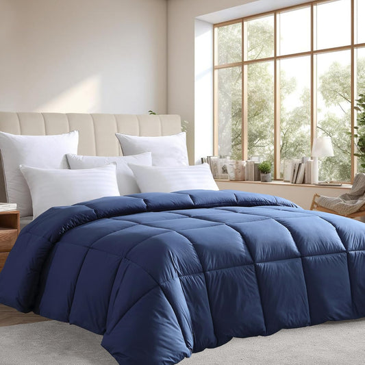 Farm To Home Luxury Comforter Organic Cotton All Season Fluffy Lightweight Down Alternative Machine Washable Comforter for Bedroom, King, Navy
