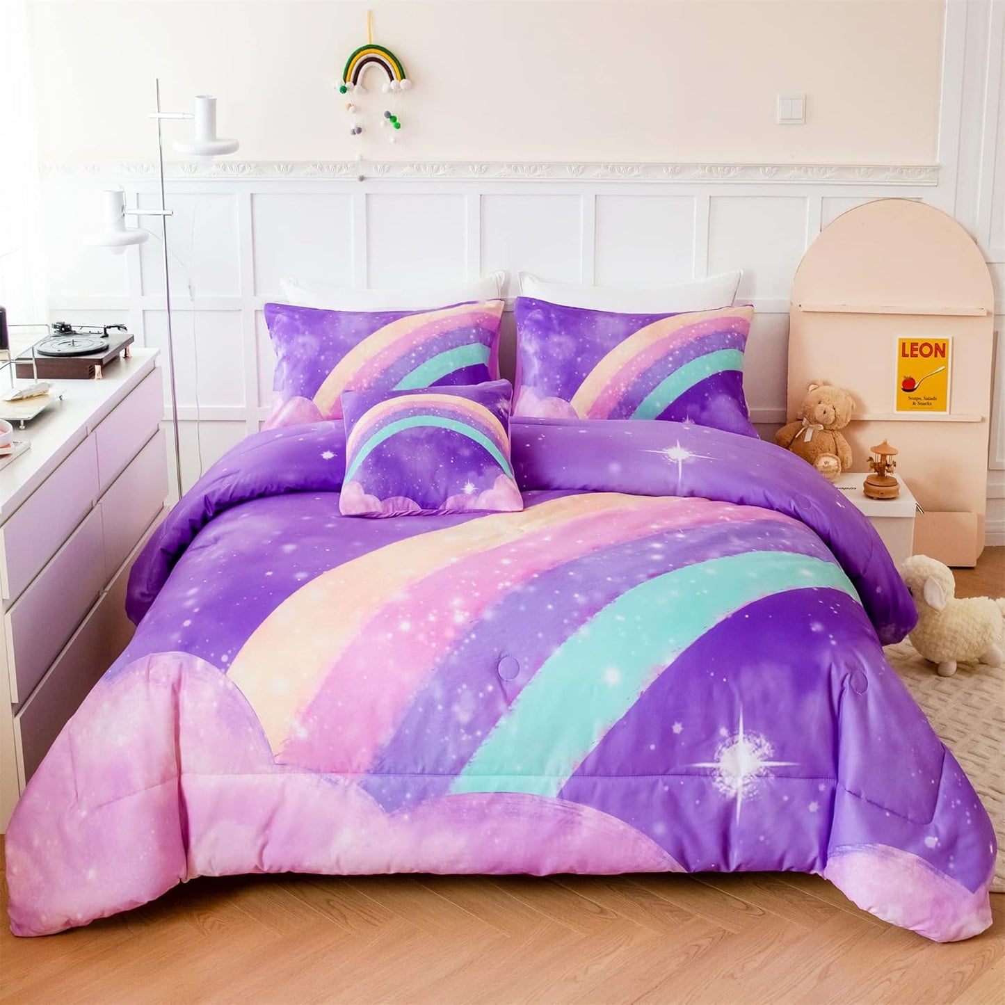 ANGIYUIN Deep Purple Rainbow Kids Comforter Set Twin 6 Pieces Gradient Glitter Bedding for Girls 3D Galaxy Nebula Bed Set with Sheets for All Season