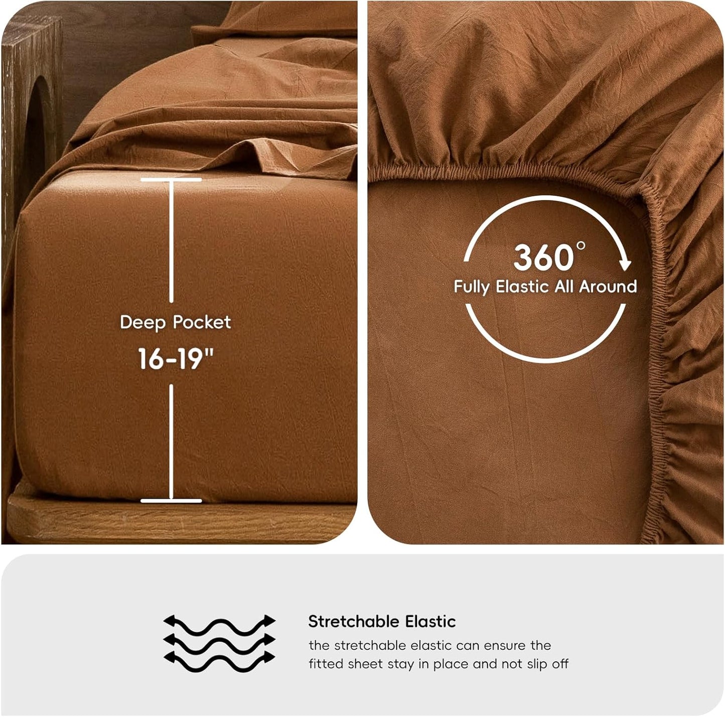 MooMee Bedding Sheet Set 100% Washed Cotton Linen Like Textured Breathable Durable Soft Comfy (Solid Dark Orange, Queen)